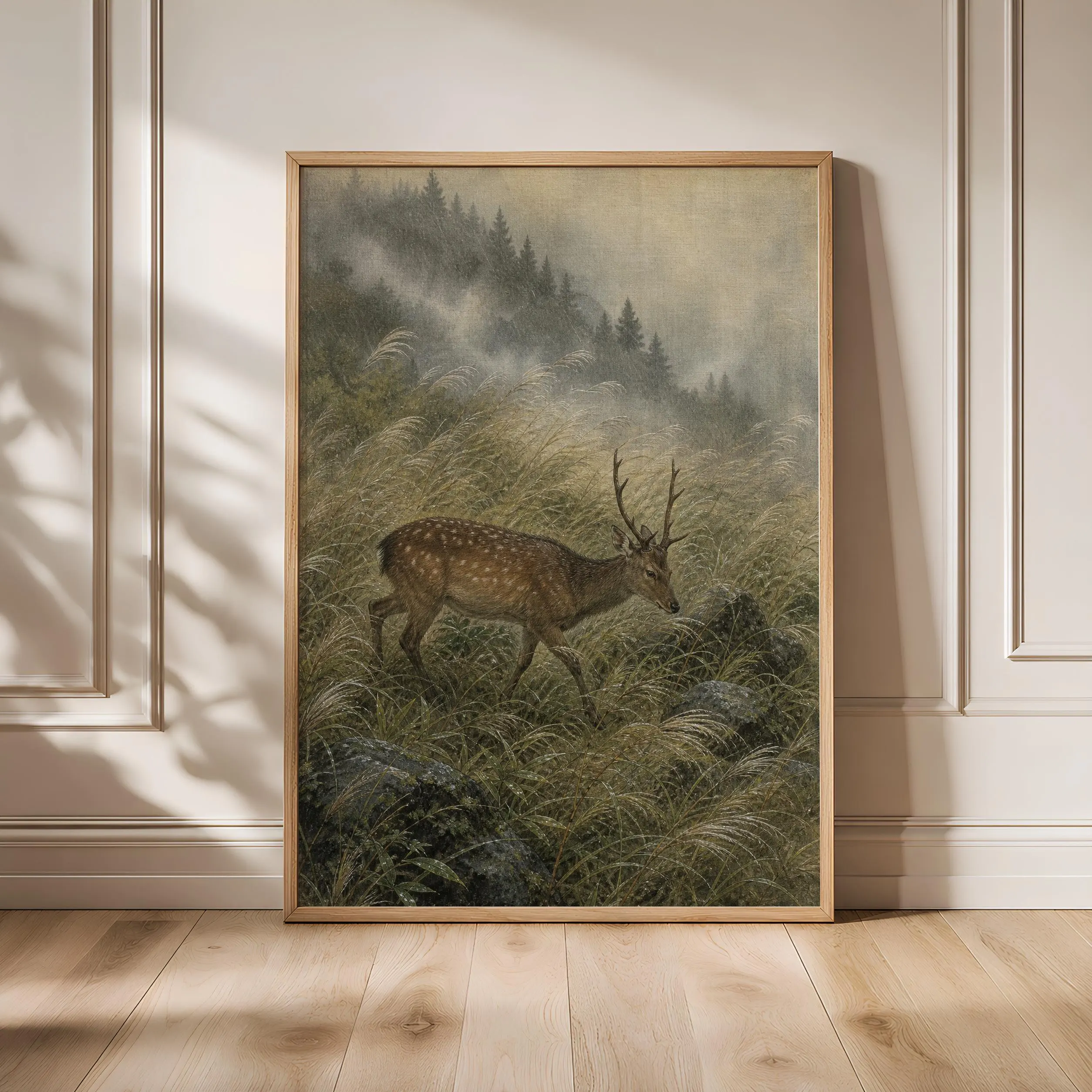Sika Deer Painting Print, Japanese Wildlife Wall Art, Misty Grass Poster, Woodland Nature Decor, Housewarming Gift – Calm Wall Art by Artsify - Image 1