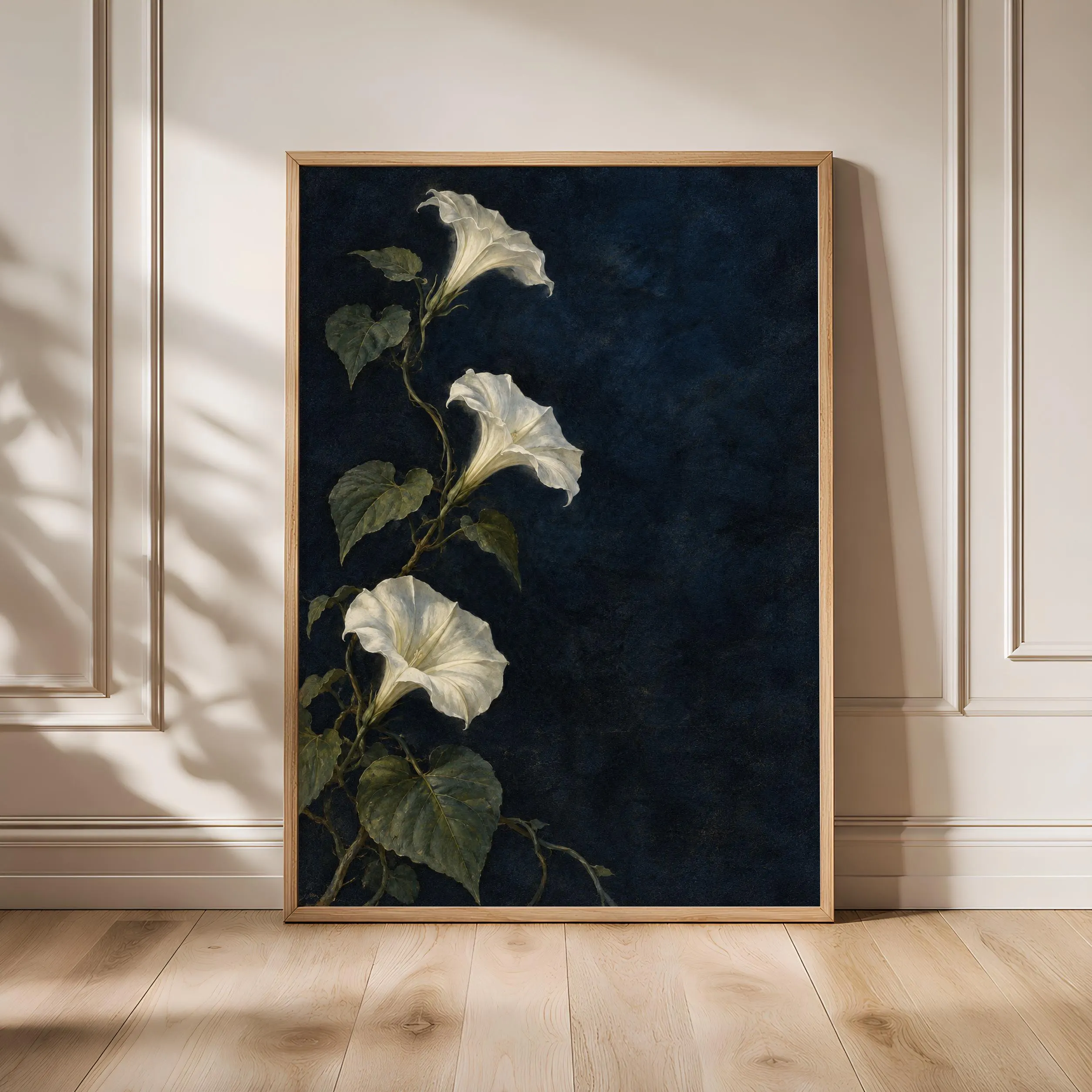 Moonflower Wall Art, Moody White Botanical Oil Painting, Dark Blue Bedroom Decor – Calm Wall Art by Artsify - Image 1