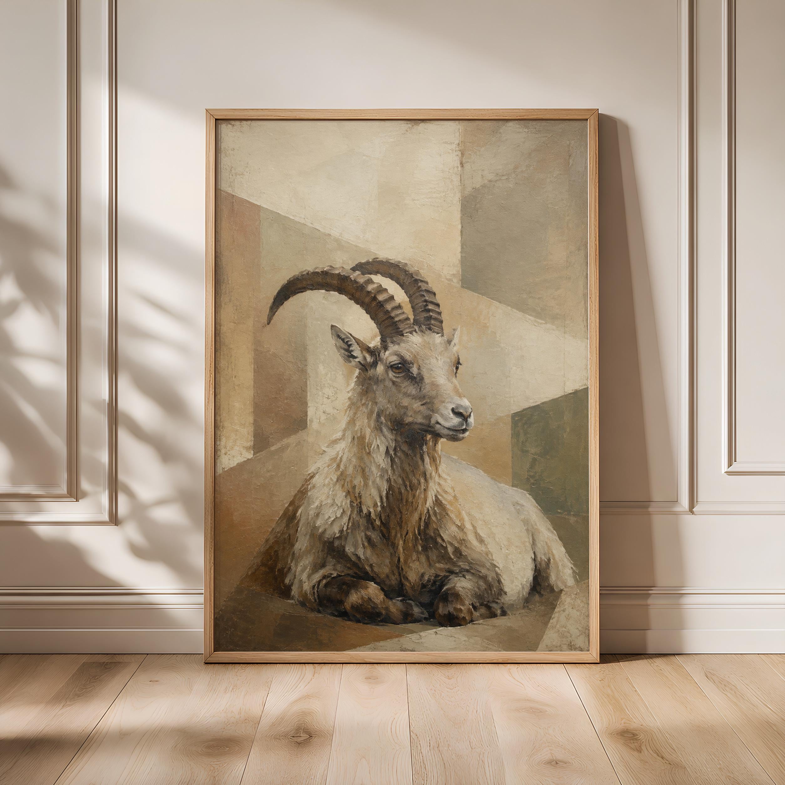 Resting Alpine Goat Wall Art, Geometric Animal Oil Painting – Calm Wall Art by Artsify - Image 1
