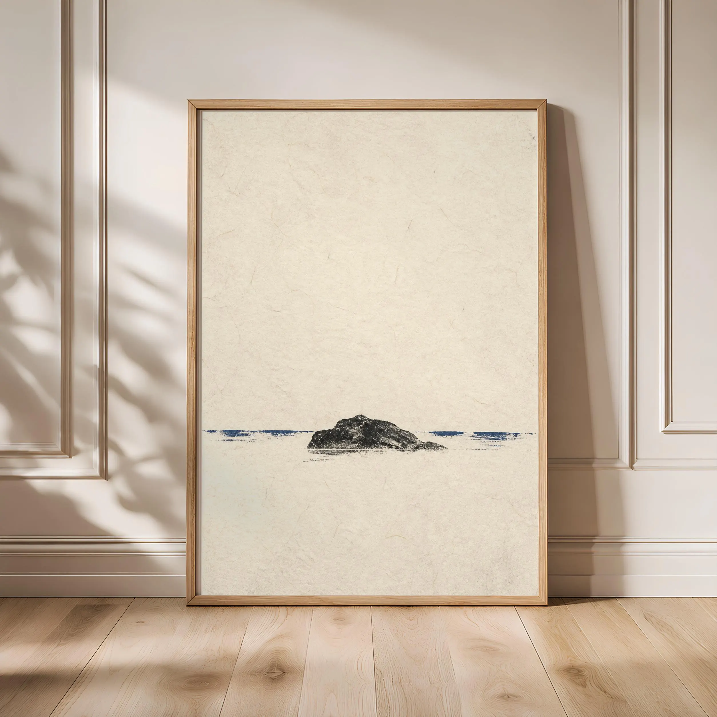 Minimalist Coastal Wall Art, Solitary Rock Monotype, Indigo Wabi Sabi Nature Print – Calm Wall Art by Artsify - Image 1