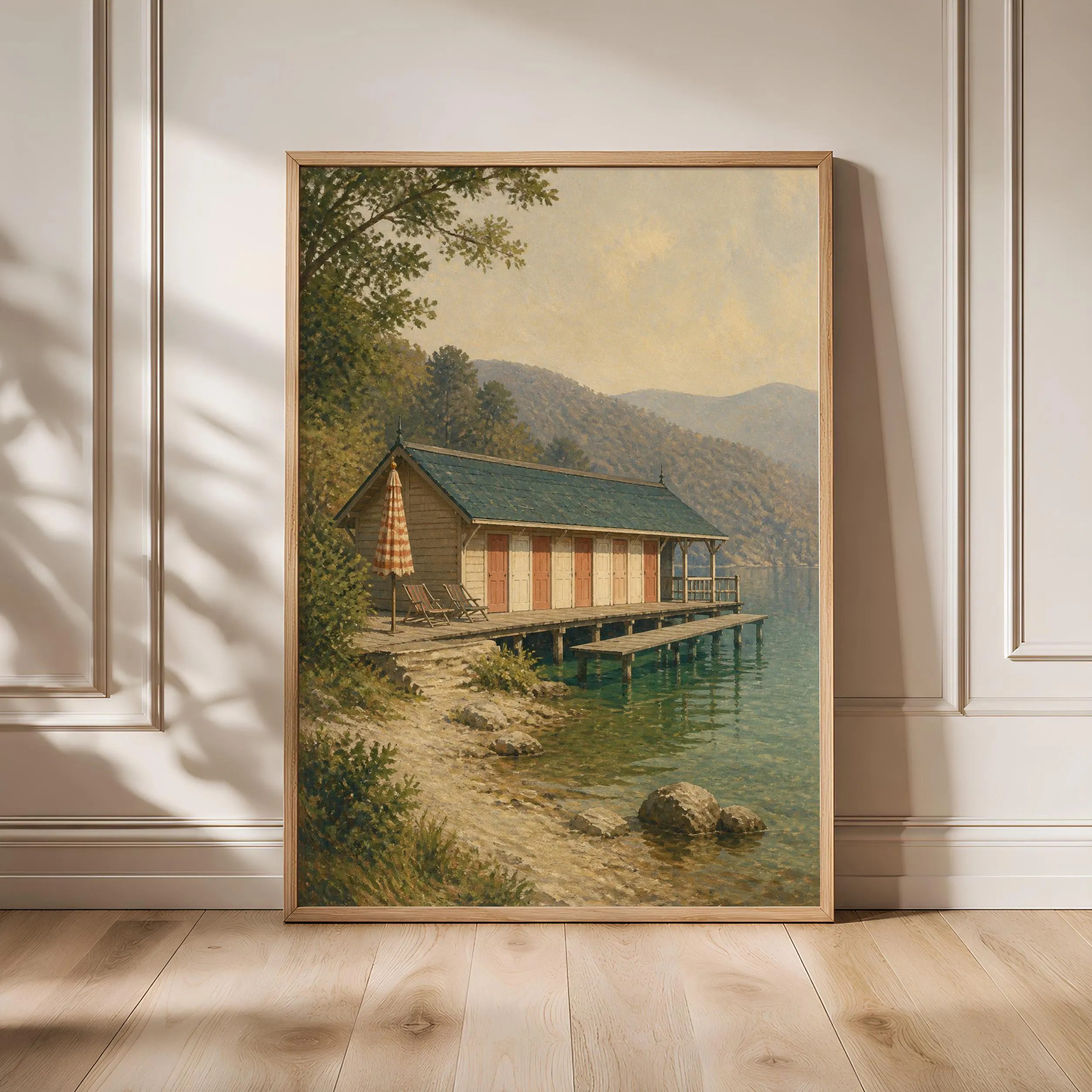 Lakeside Bathing Pavilion Print, Vintage Swimming Wall Art, Lake House Poster, Retro Summer Decor, Housewarming Gift – Calm Wall Art by Artsify - Image 1
