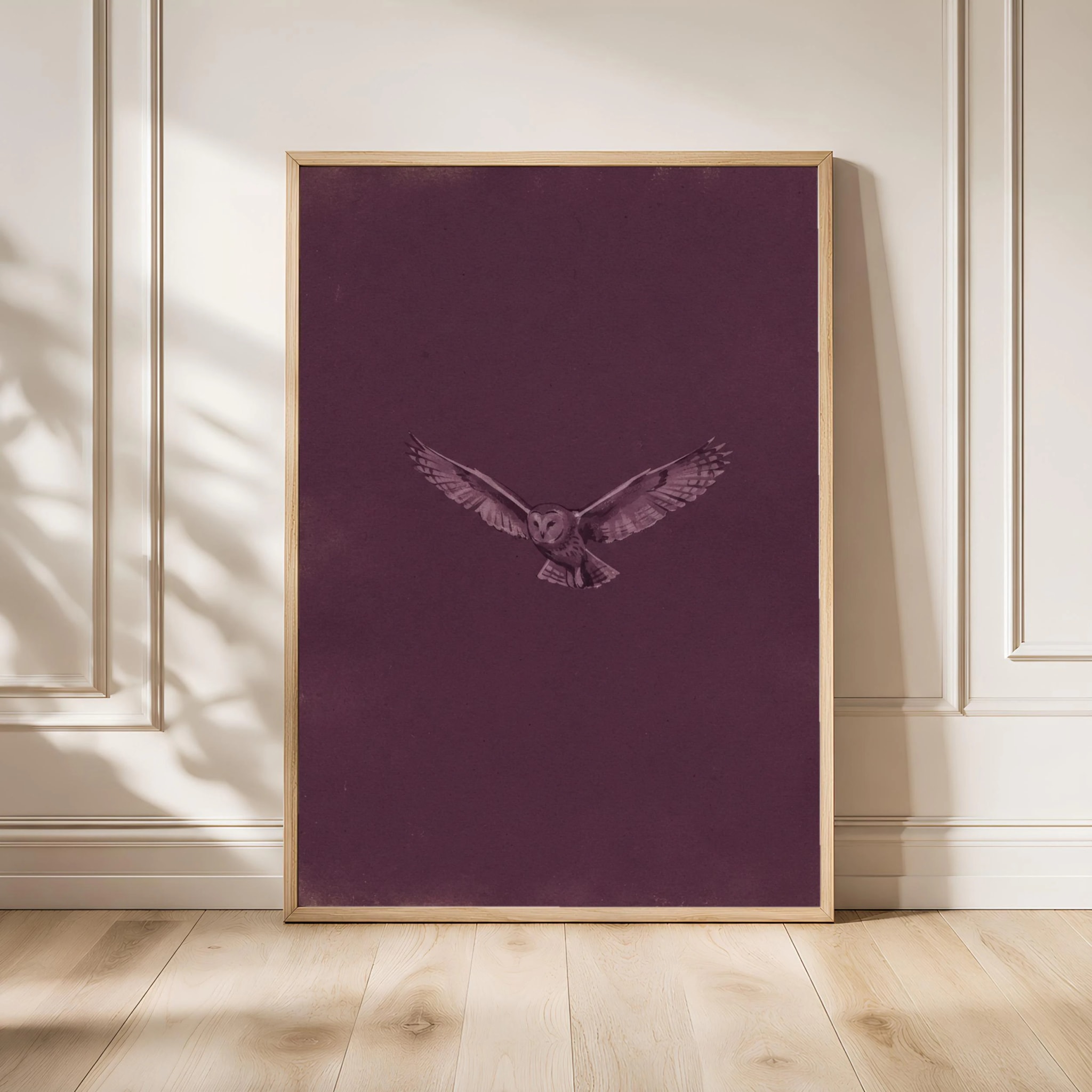 Owl in Flight Wall Art, Plum Minimalist Night Painting, Vintage Woodland Print, Housewarming Gift – Calm Wall Art by Artsify