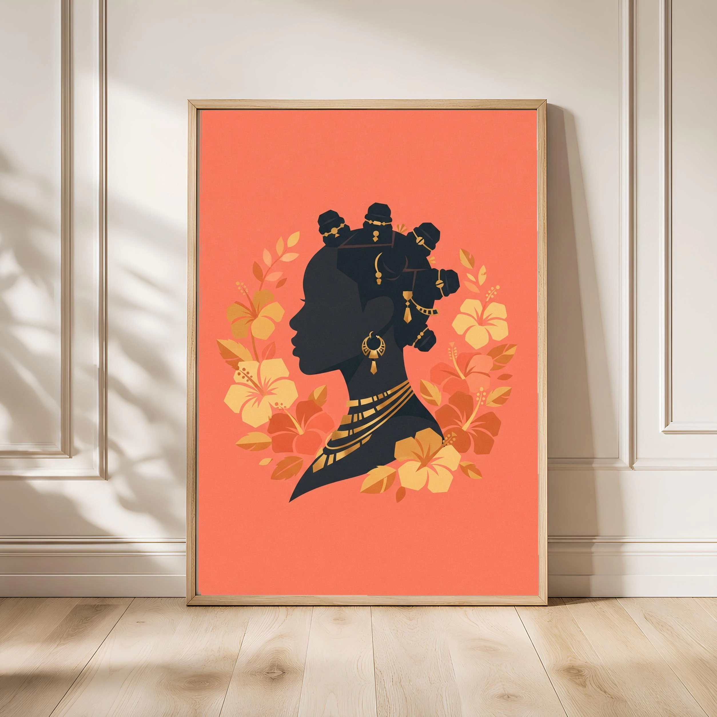 Bantu Knots Wall Art, Afrocentric Silhouette Poster, Hibiscus Flower Print, Bathroom Decor, Housewarming Gift – Calm Wall Art by Artsify - Image 1