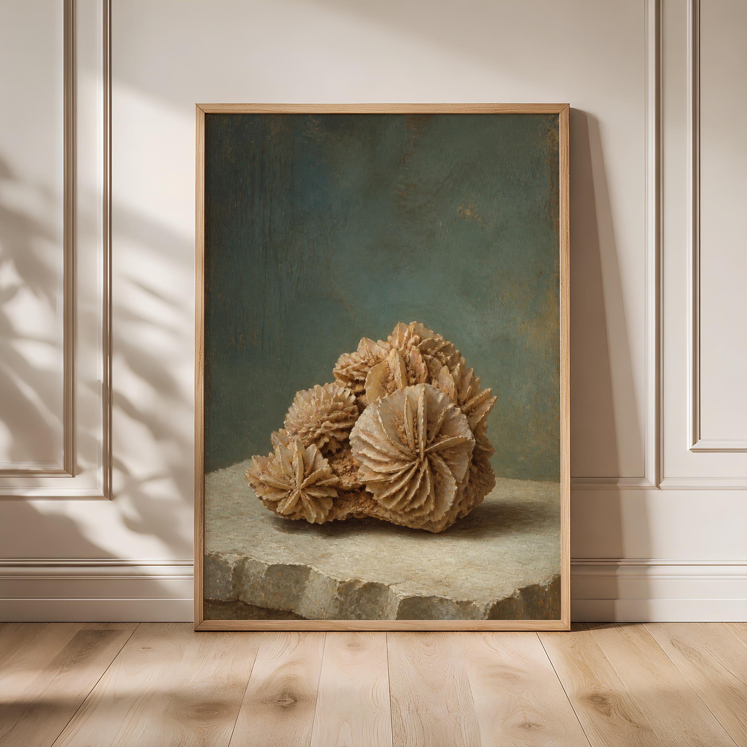 Desert Rose Wall Art, Gypsum Crystal Rosette Painting, Soft Teal Mineral Study Print – Calm Wall Art by Artsify - Image 1