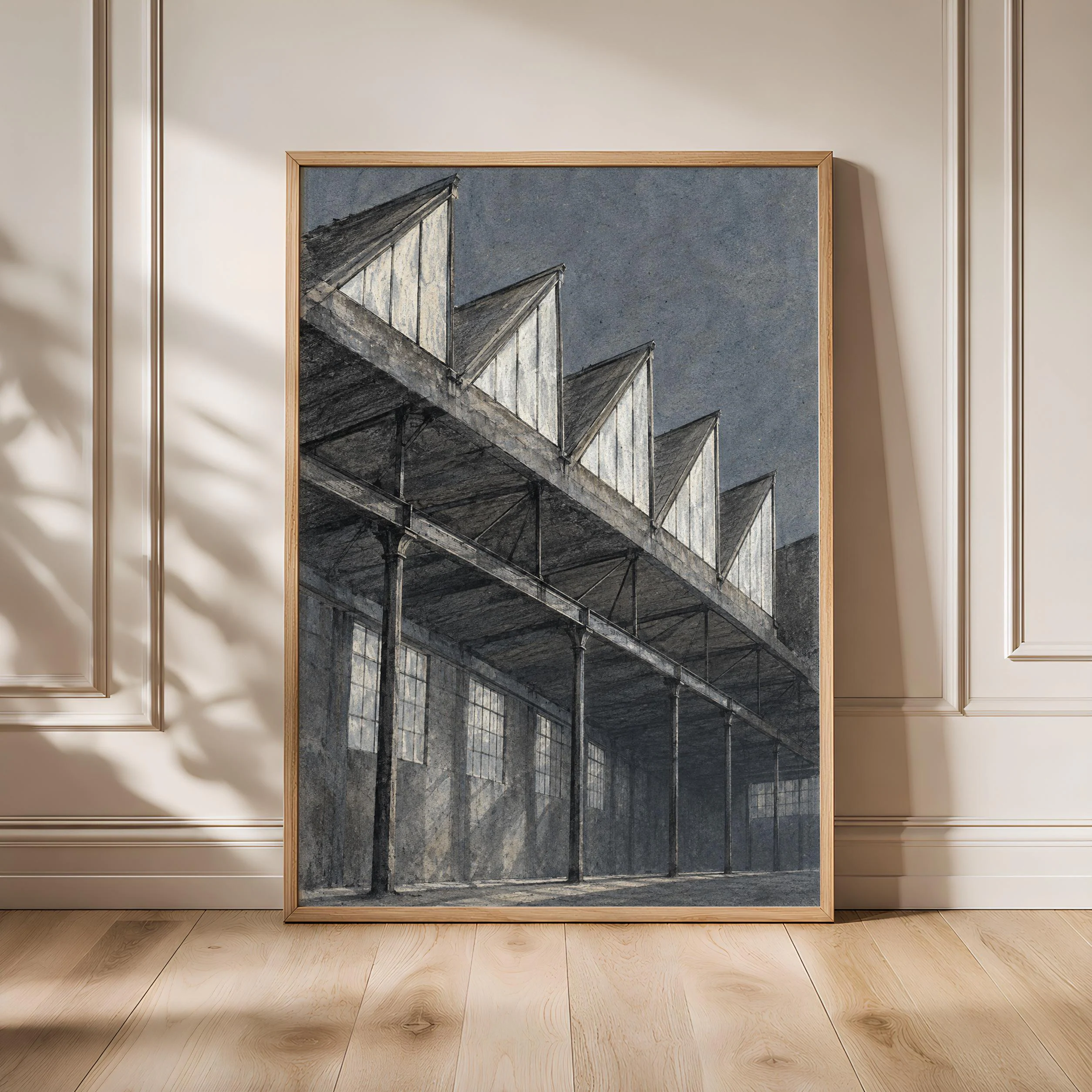 Sawtooth Factory Roof Wall Art, Industrial Architecture Painting – Calm Wall Art by Artsify - Image 1
