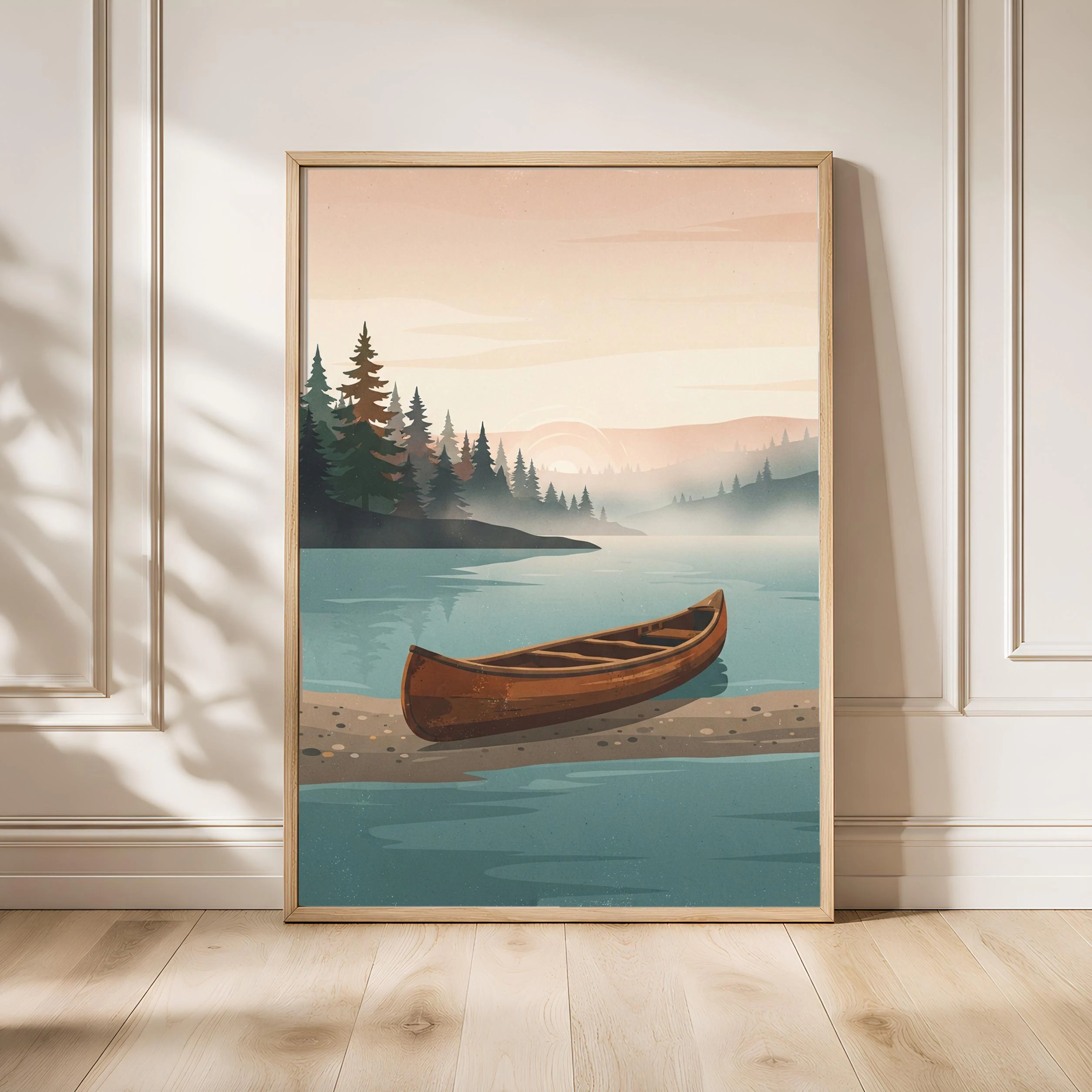 Vintage Canoe Lake Print, Retro Camping Poster, Woodland Wall Art, Living Room Decor, Housewarming Gift – Calm Wall Art by Artsify - Image 1
