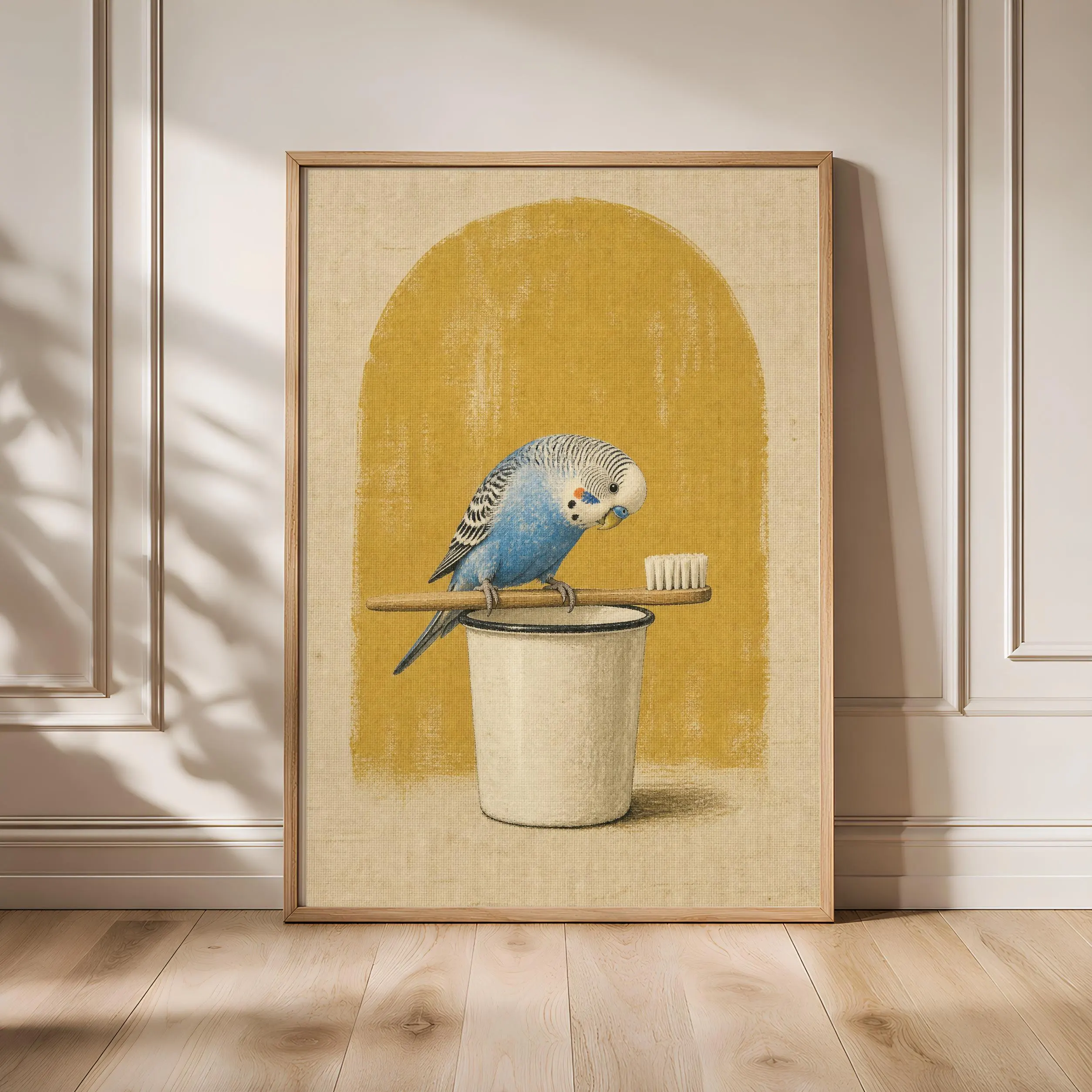 Funny Budgie Bathroom Art, Toothbrush Perch, Minimalist Bird Print – Calm Wall Art by Artsify - Image 1
