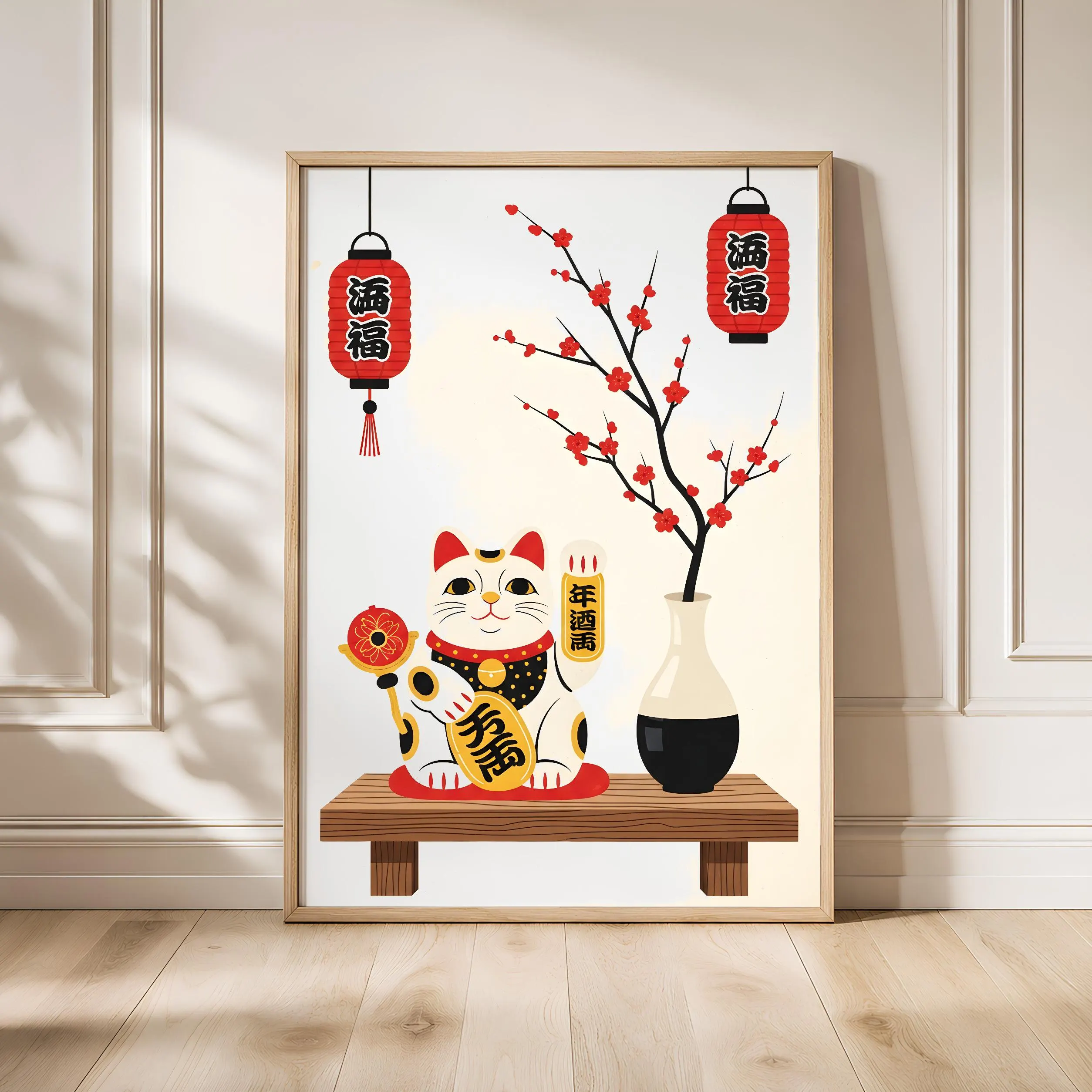 Lucky Cat Print, Japanese Maneki Neko Poster, Woodblock Style Wall Art, Entryway Good Luck Decor, Housewarming Gift – Calm Wall Art by Artsify - Image 1