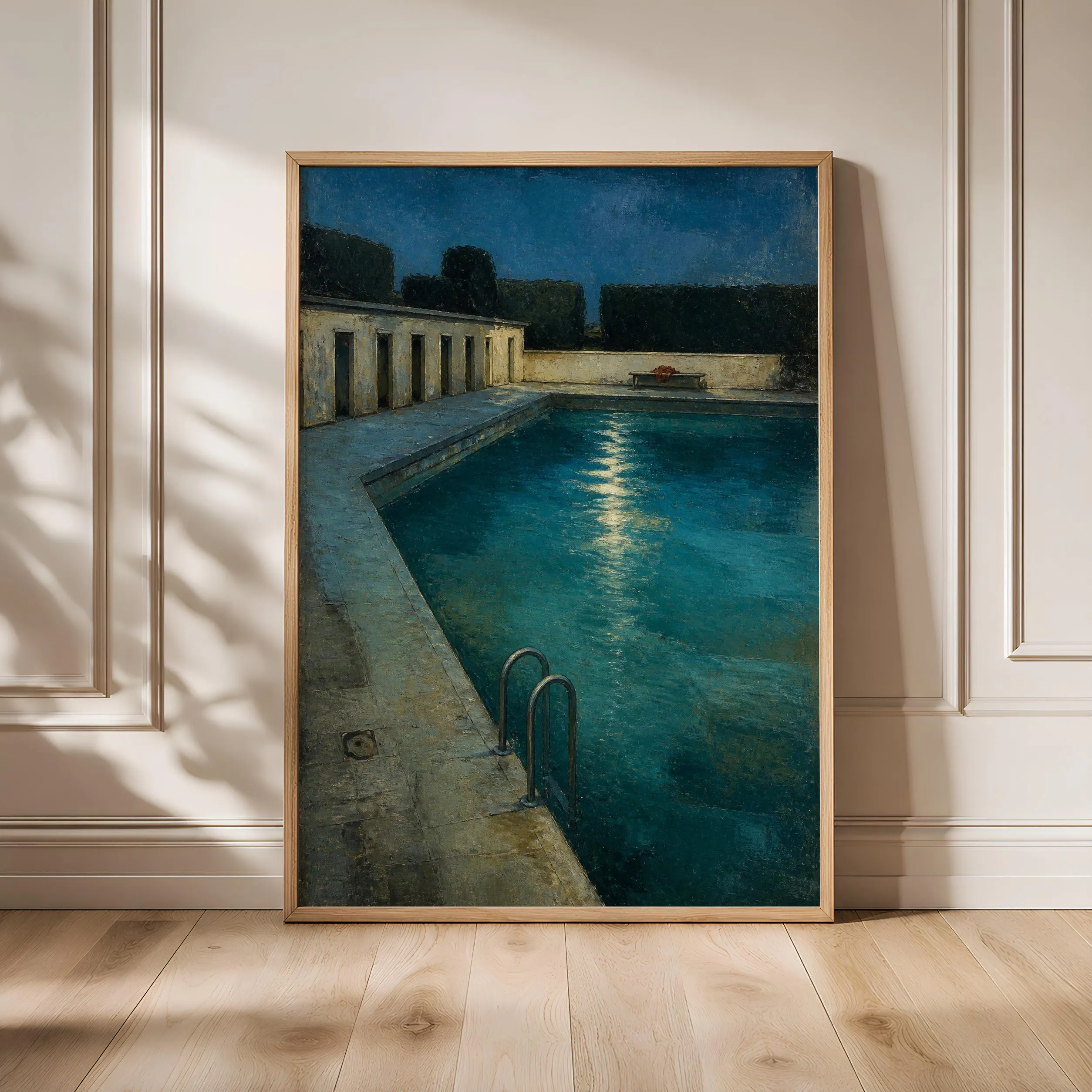 After Hours Lido Wall Art, Nocturnal Swimming Pool Painting, Moody Teal Poolside Print – Calm Wall Art by Artsify - Image 1