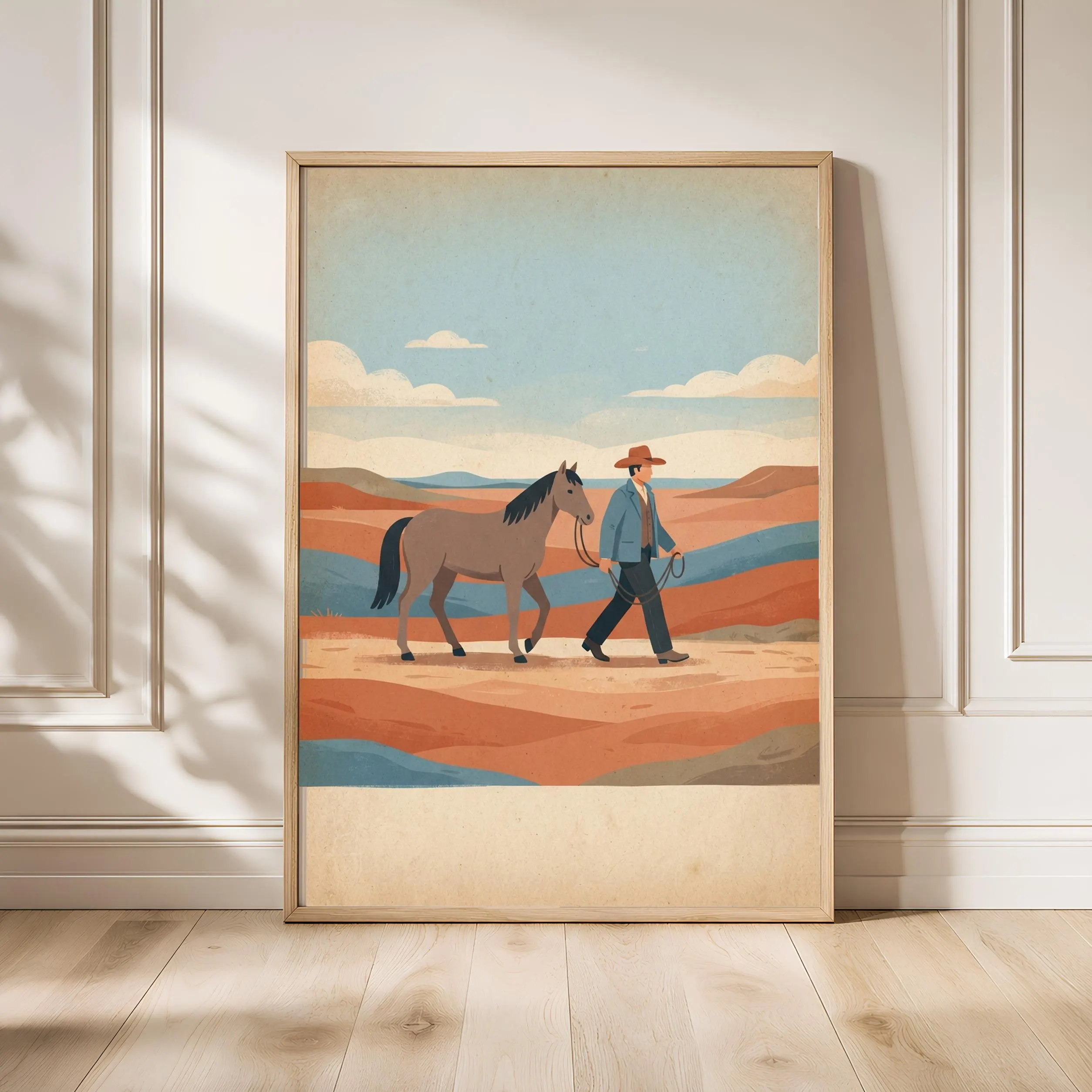 Cowboy Walking Horse Print, Western Folk Art Poster, Terracotta Wall Art, Housewarming Gift – Calm Wall Art by Artsify - Image 1
