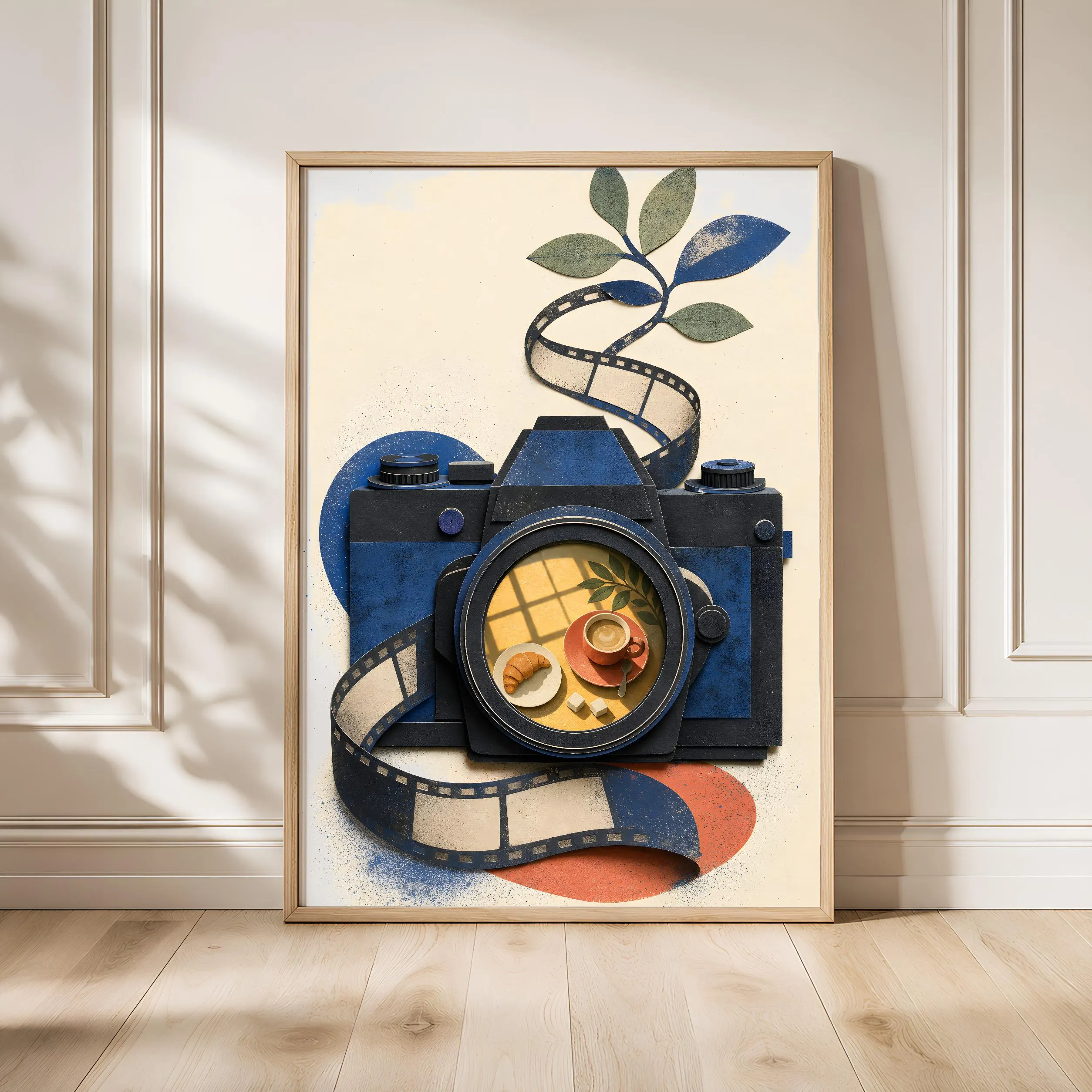 Vintage Camera Print, Coffee and Croissant Wall Art, Paper Cut Style Poster, Cafe Lover Gift, Housewarming Gift – Calm Wall Art by Artsify - Image 1