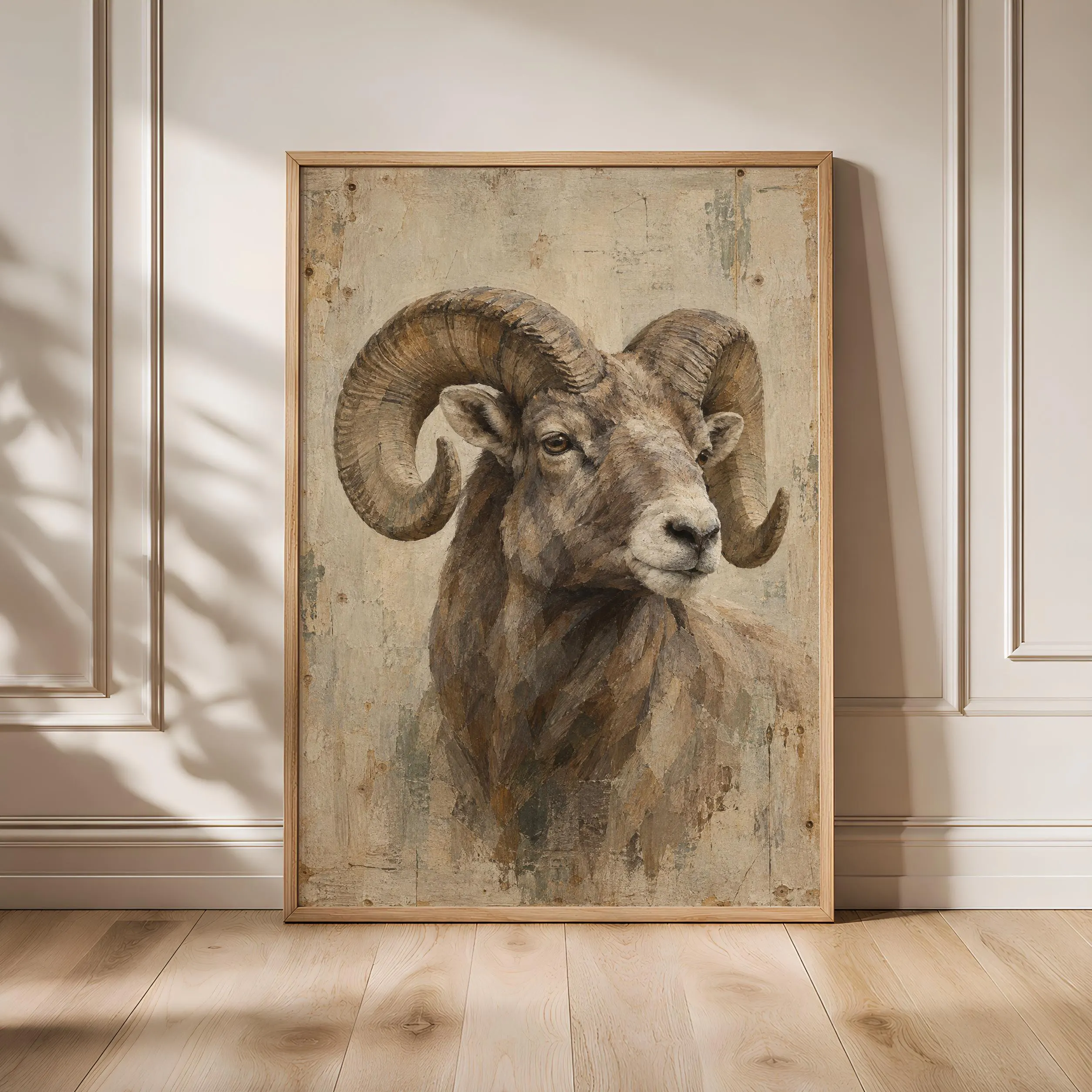 Cubist Bighorn Ram Wall Art, Abstract Geometric Wildlife Portrait, Mountain Home Decor – Calm Wall Art by Artsify - Image 1