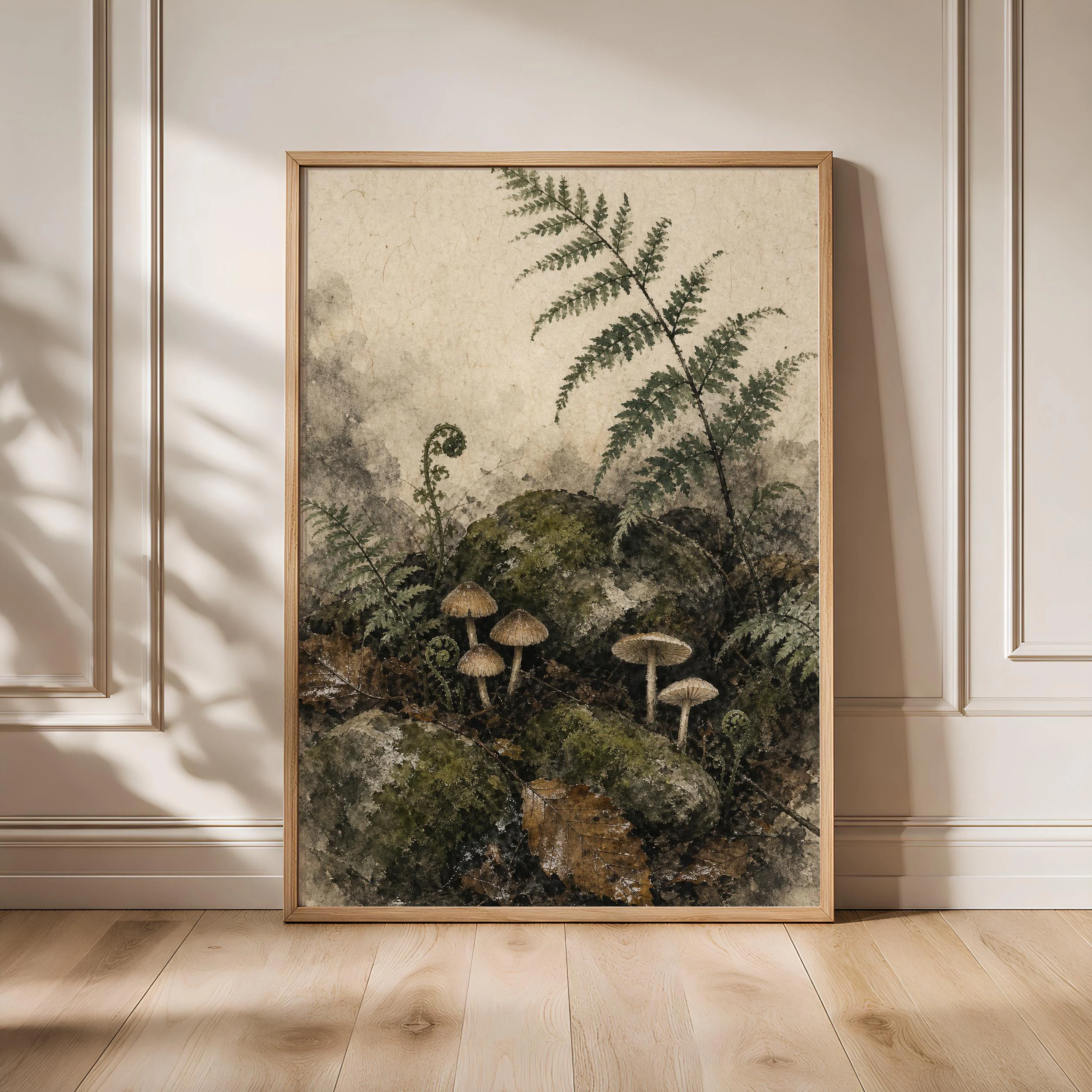 Japanese Mushroom Print, Fern Botanical Wall Art, Sumi E Woodland Poster, Cottagecore Japandi Decor, Housewarming Gift – Calm Wall Art by Artsify - Image 1