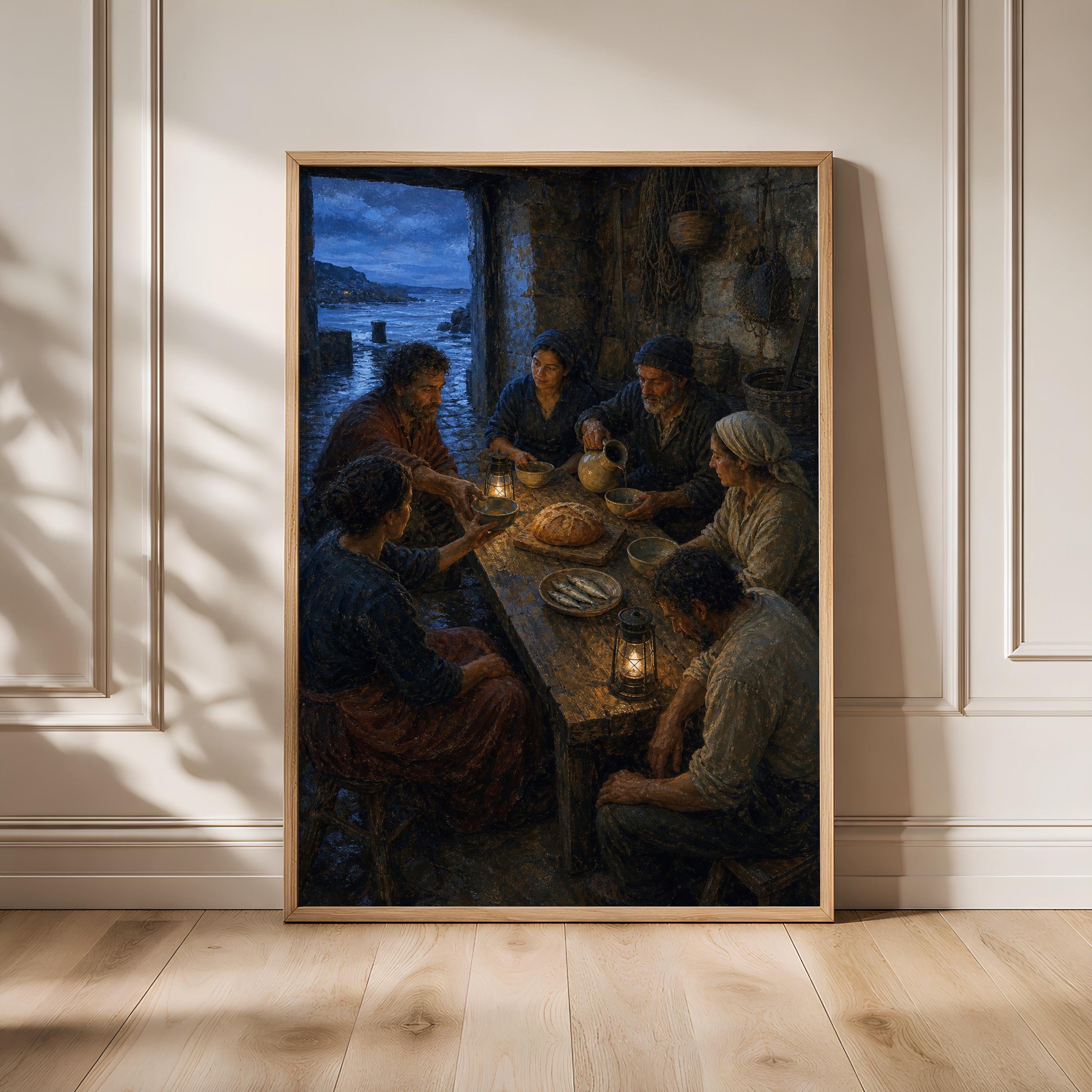 Fisherfolk Blessing Wall Art, Coastal Sacred Supper Painting, Moody Dusk Print – Calm Wall Art by Artsify - Image 1