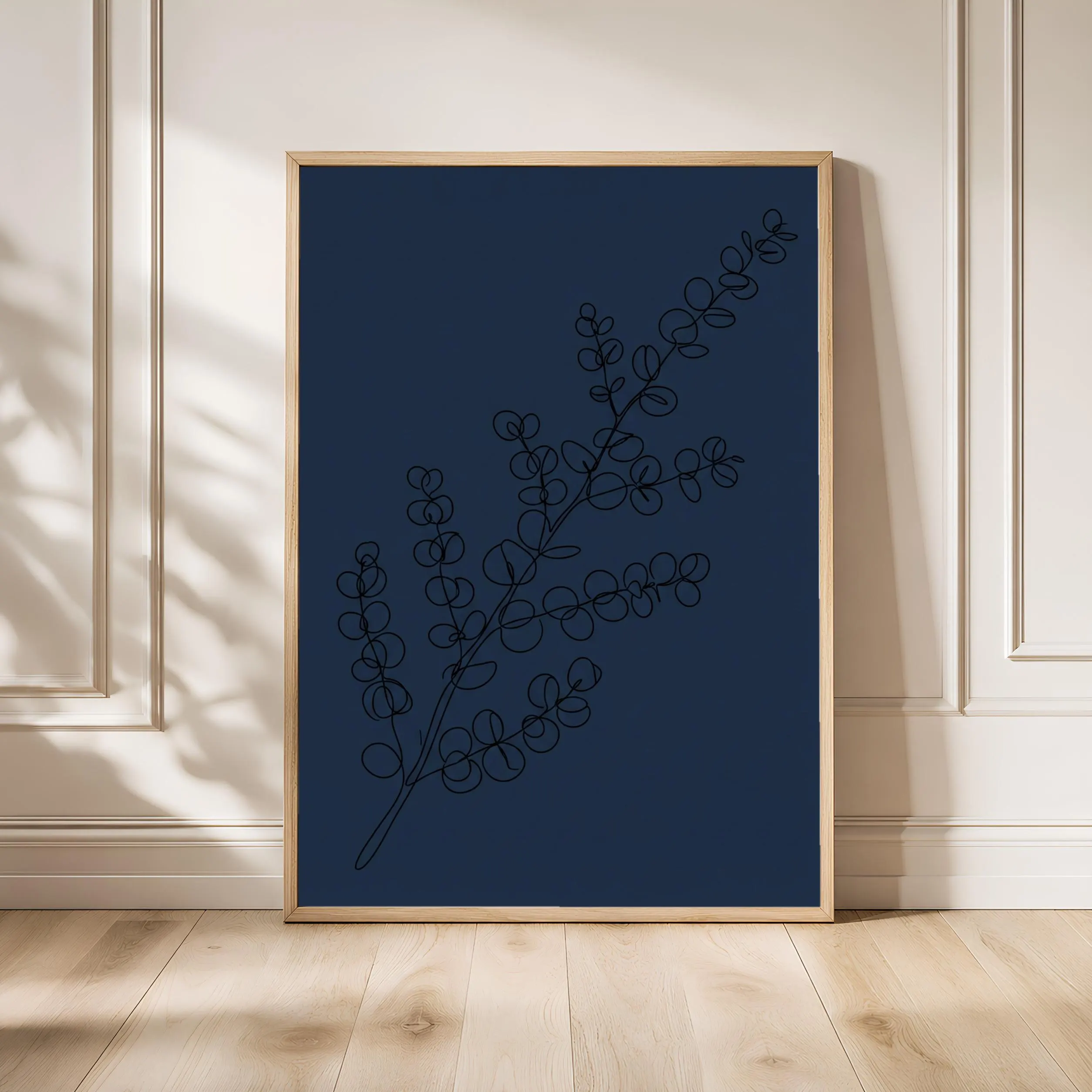 Line Art Eucalyptus Print, Minimalist One Line Botanical Poster, Navy Wall Art, Modern Art Gift – Calm Wall Art by Artsify - Image 1