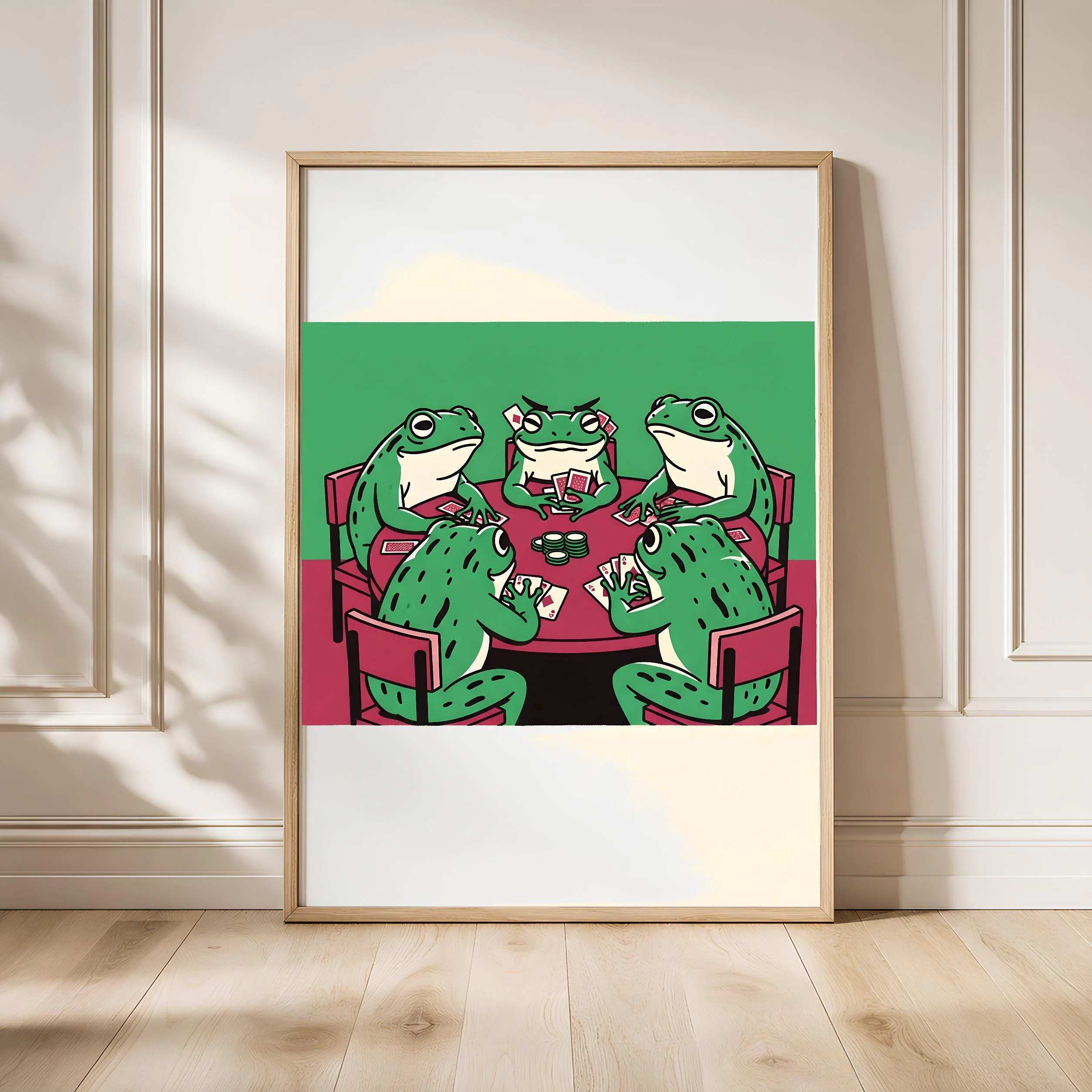 Frogs Playing Cards Art Print, Funny Animal Poster, Retro Game Room Wall Art, Quirky Home Bar Decor, Housewarming Gift – Calm Wall Art by Artsify - Image 1