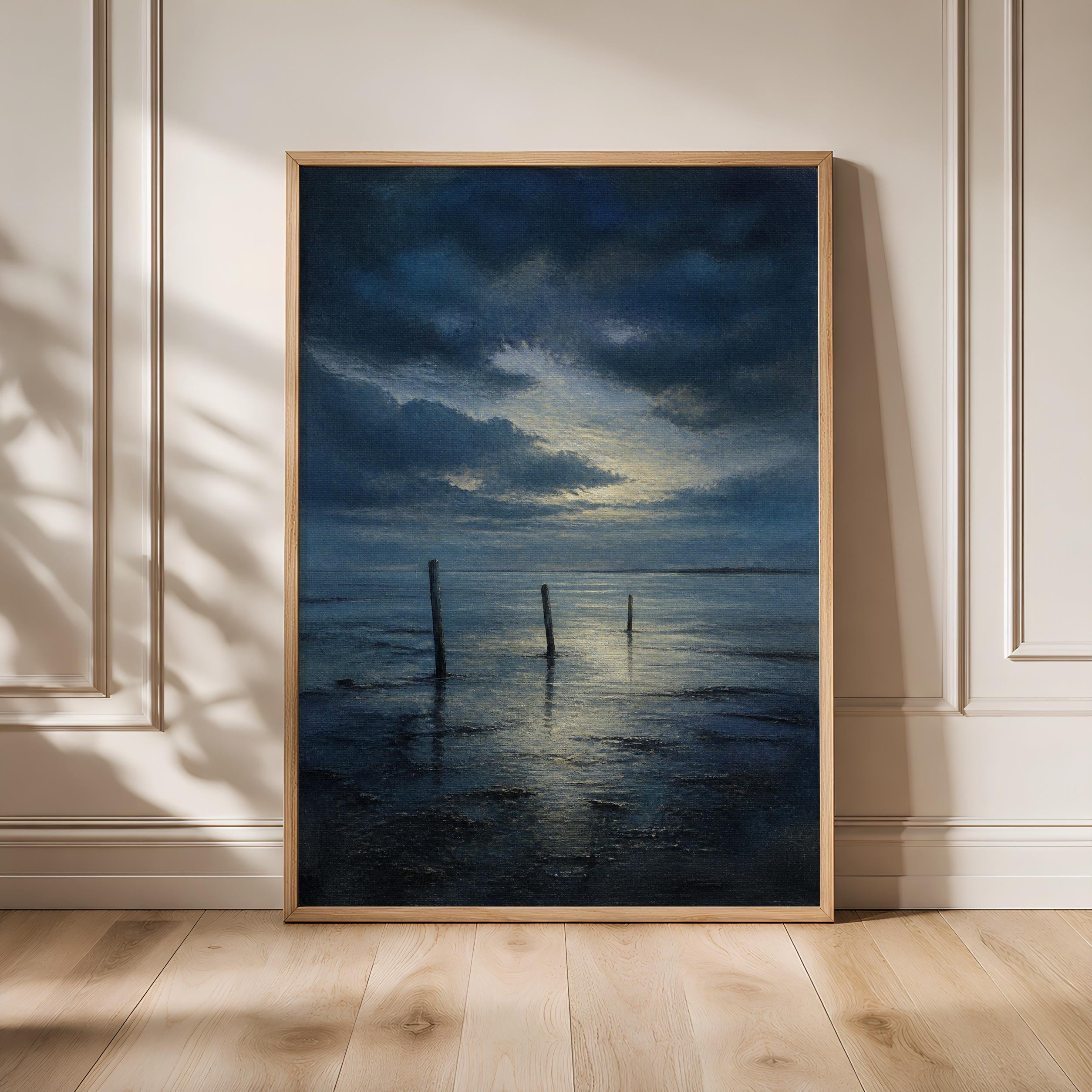 Tidal Flats Wall Art, Moody Blue Coastal Oil Painting Print – Calm Wall Art by Artsify - Image 1