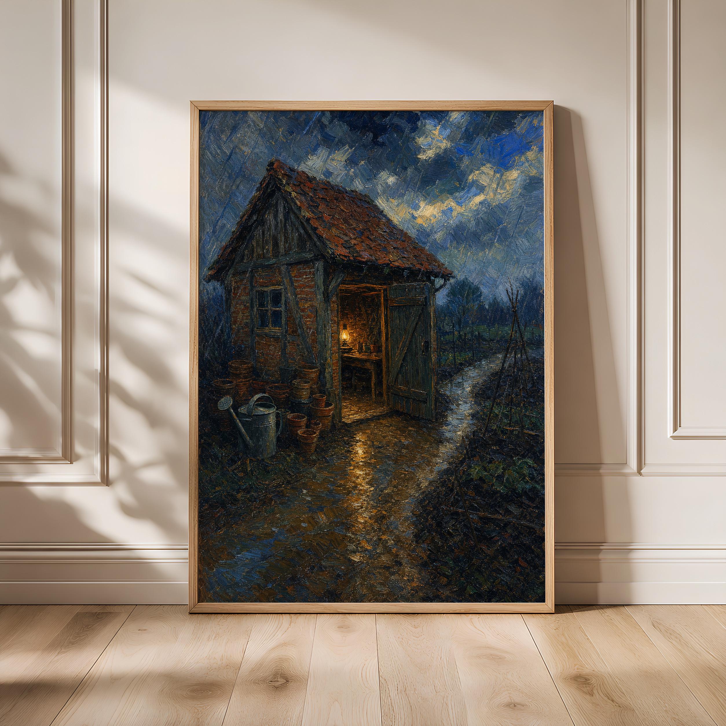 Van Gogh Style Garden Shed Print, Post Impressionist Wall Art, Rainy Cottage Poster, Gardener Gift Decor, Housewarming Gift – Calm Wall Art by Artsify - Image 1