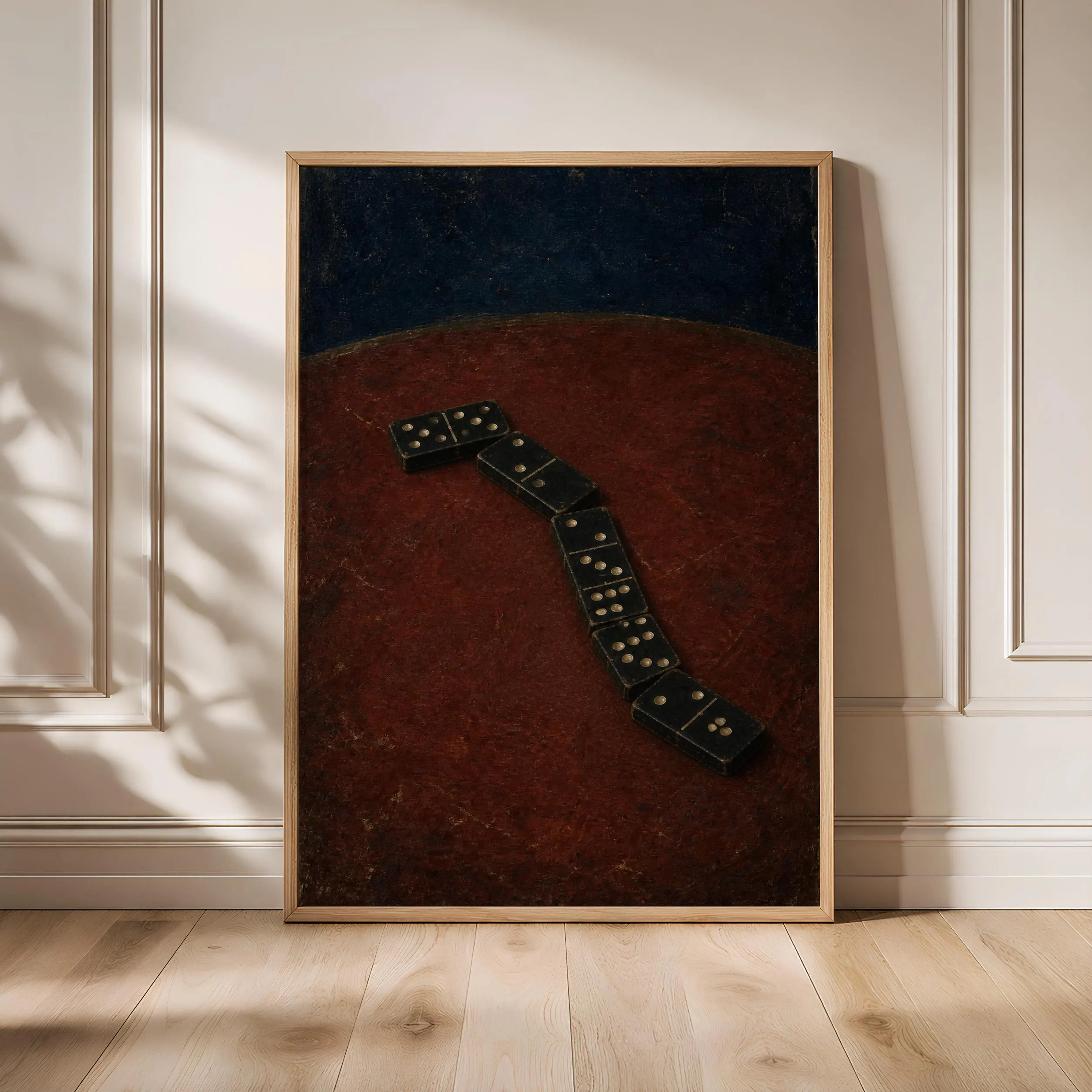 Domino Wall Art, Minimalist Still Life Painting, Deep Red and Navy Game Room Print – Calm Wall Art by Artsify - Image 1