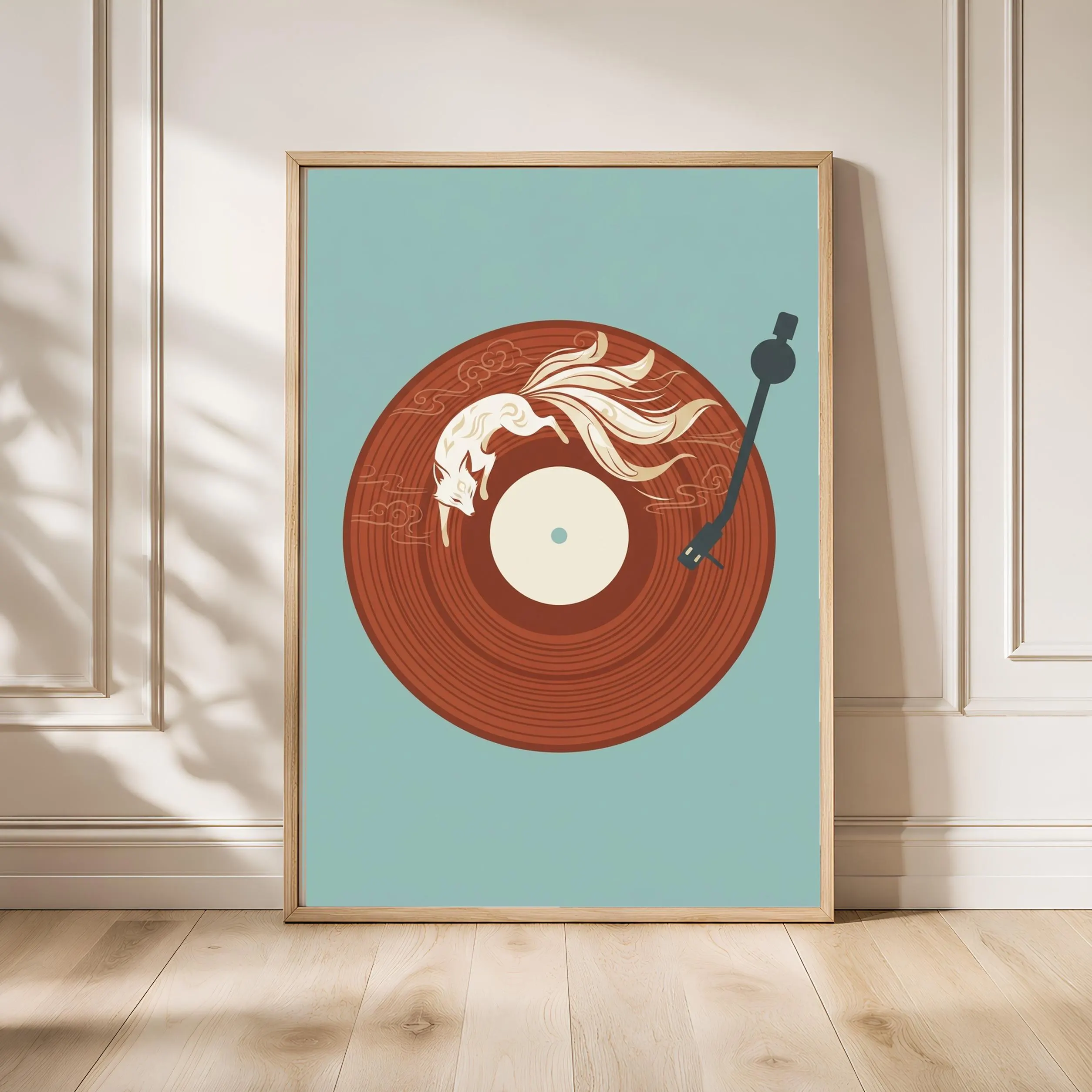 Kitsune Fox Vinyl Record Print, Japanese Spirit Music Poster, Rust Wall Art, Housewarming Gift – Calm Wall Art by Artsify - Image 1