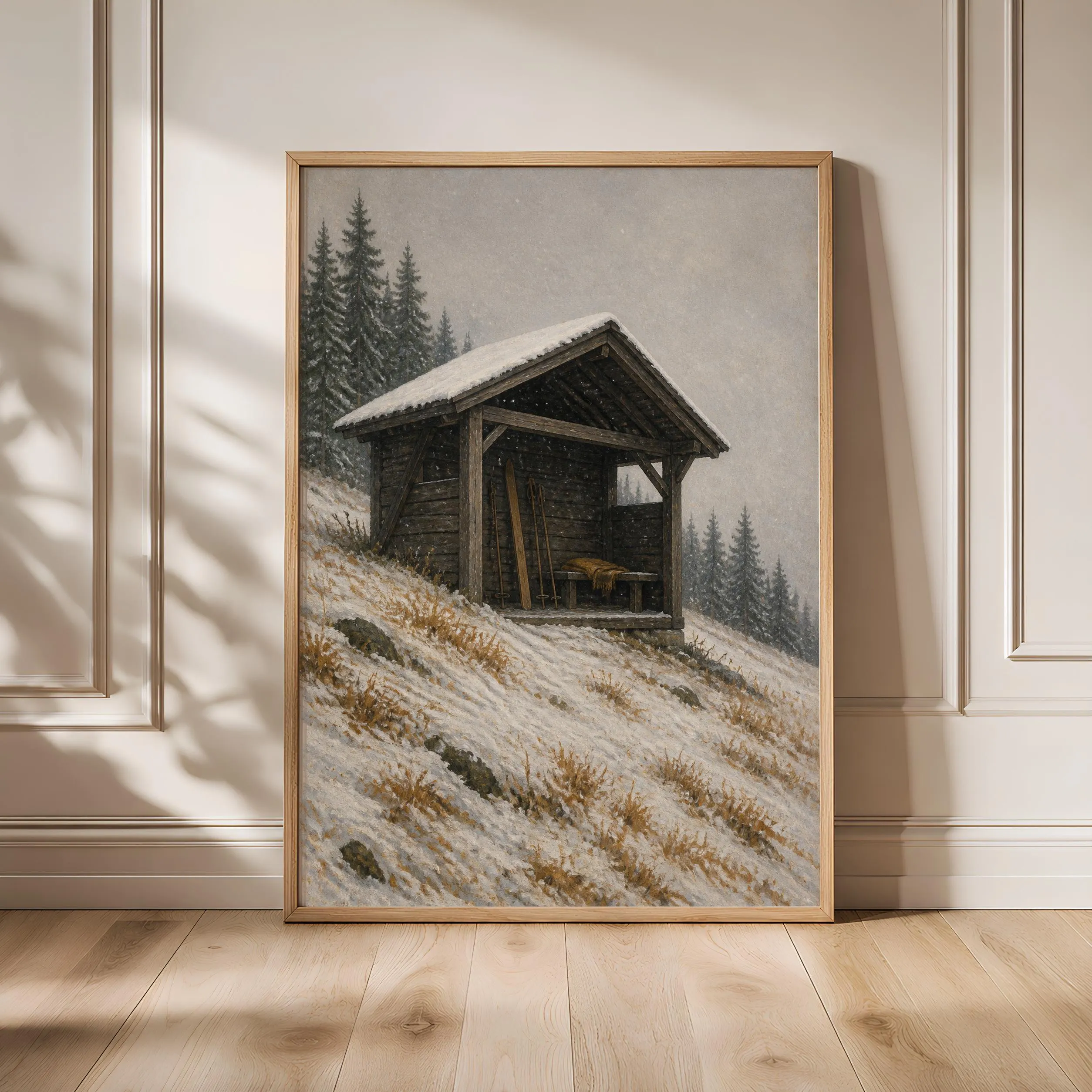 Wooden Ski Shelter Wall Art, Realist Oil Painting Winter Cabin, Snowy Grey Alpine Decor Print – Calm Wall Art by Artsify - Image 1