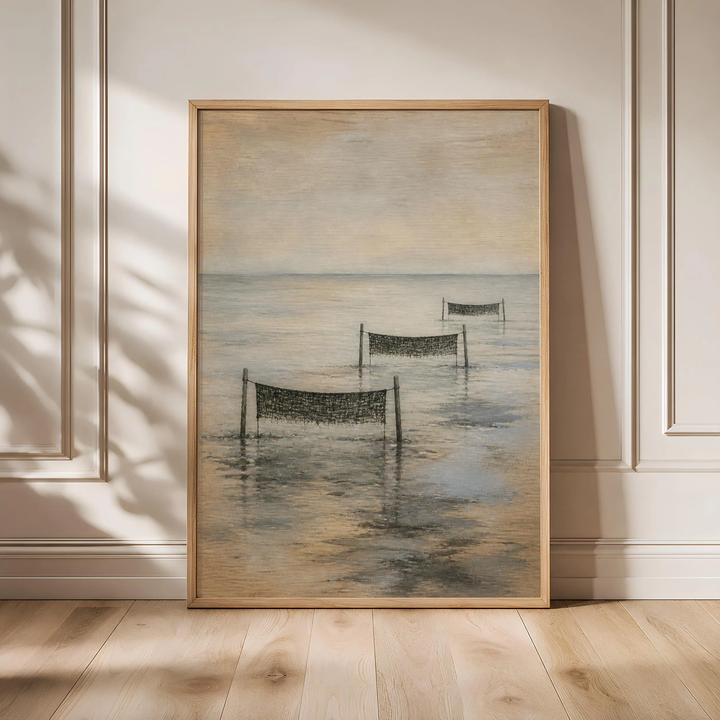 Seaweed Nets Wall Art, Japanese Coastal Landscape, Muted Misty Tidal Print – Calm Wall Art by Artsify - Image 1