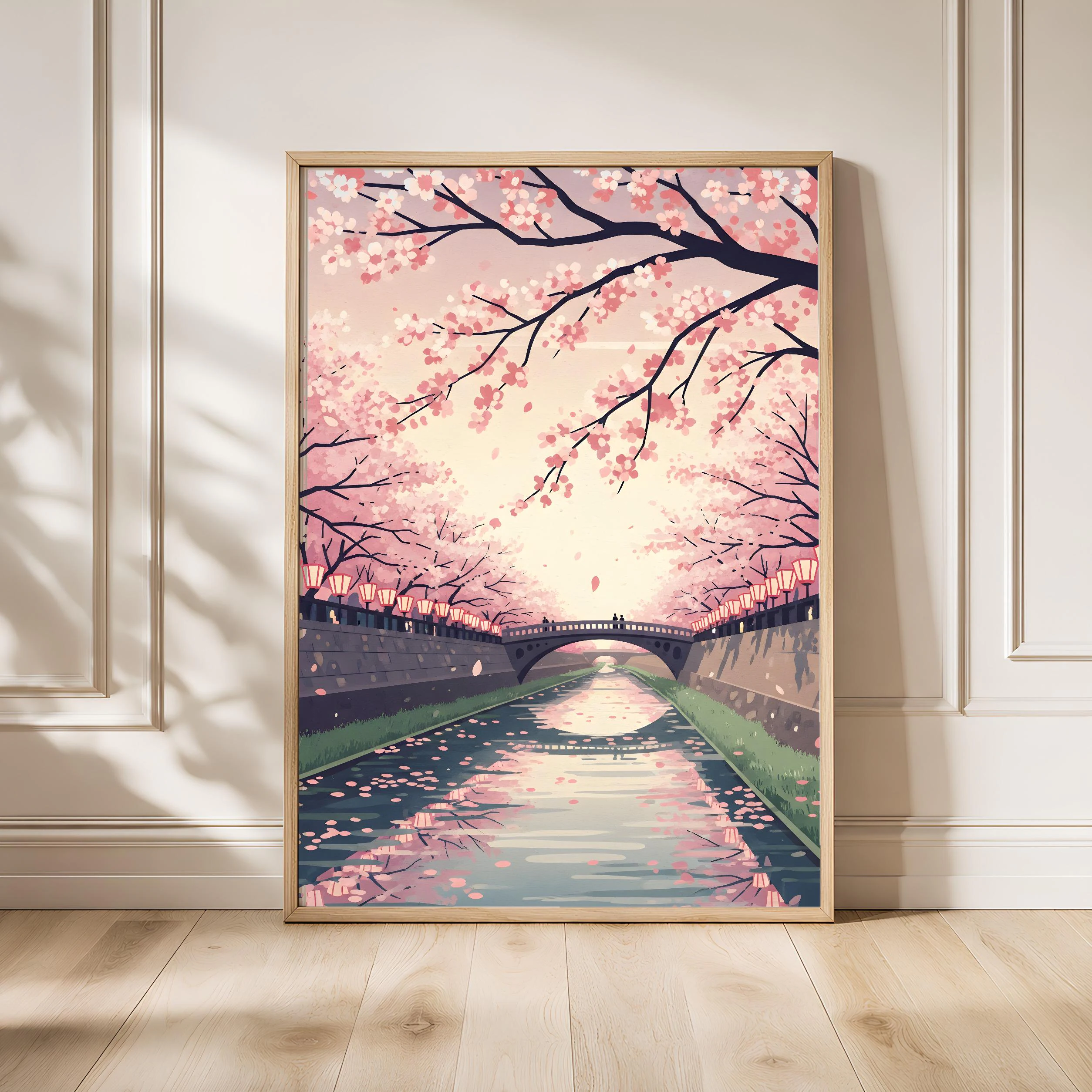 Cherry Blossom Print, Japanese Sakura River Poster, Woodblock Style Wall Art, Zen Bedroom Decor, Housewarming Gift – Calm Wall Art by Artsify - Image 1