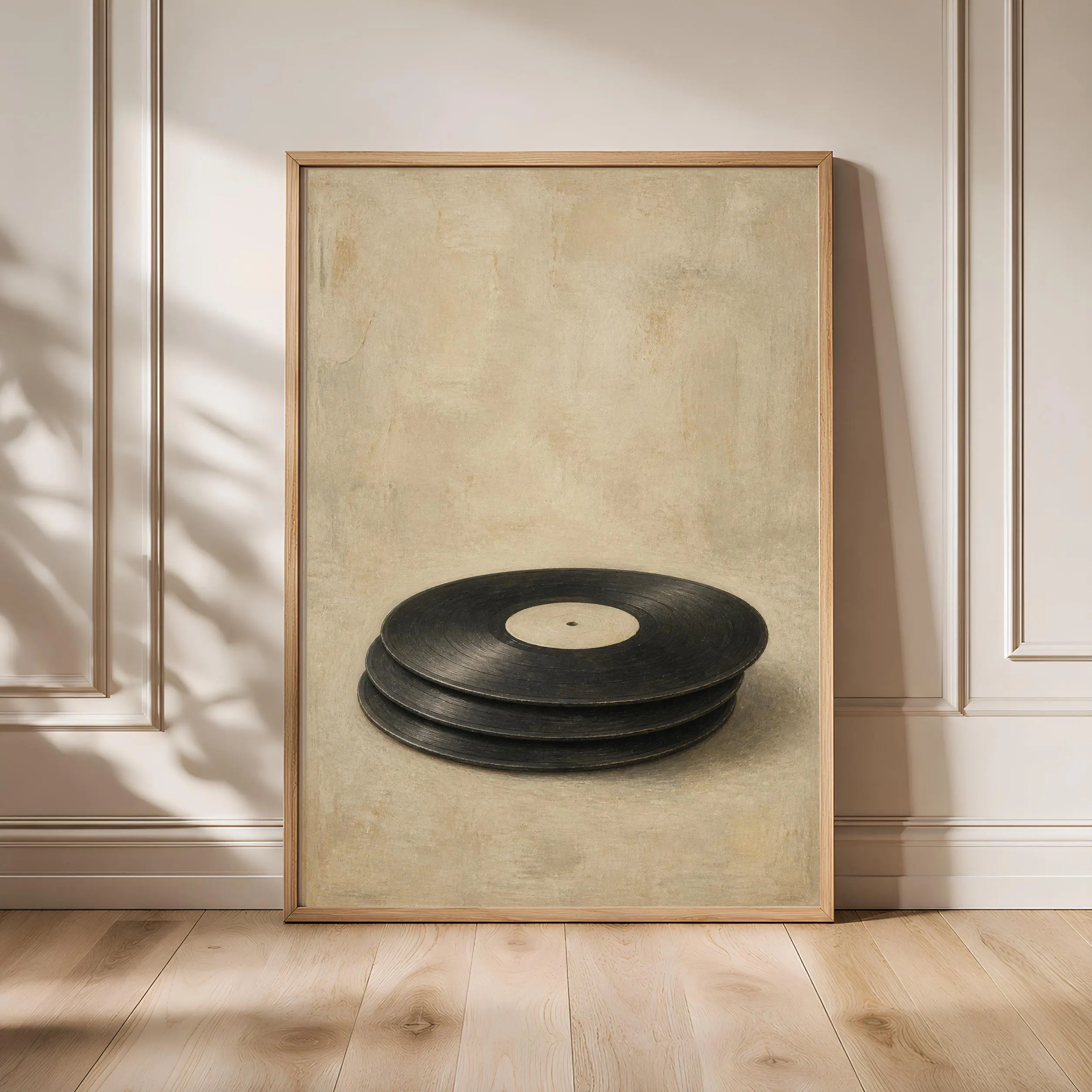 Stacked Vinyl Records Print, Limestone Minimalist Music Art, Retro Album Poster, Housewarming Gift – Calm Wall Art by Artsify - Image 1
