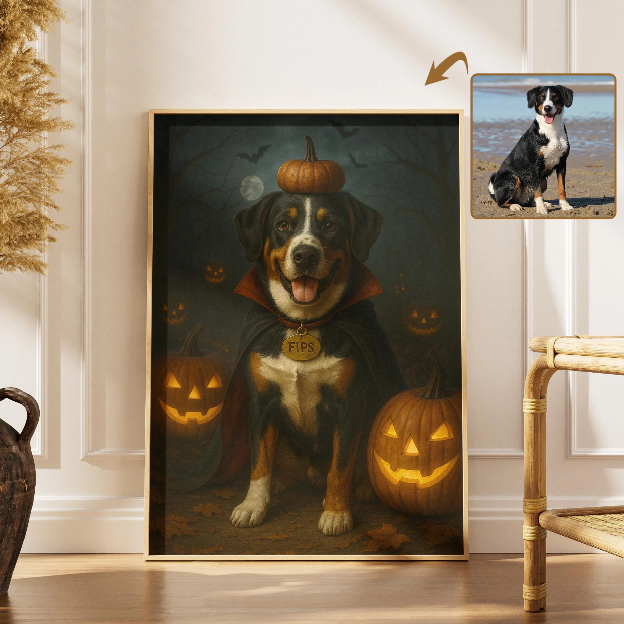 Custom Halloween Pet Portrait: Spooky Dog & Cat Art Print, New Year's Gift – Calm Wall Art by Artsify