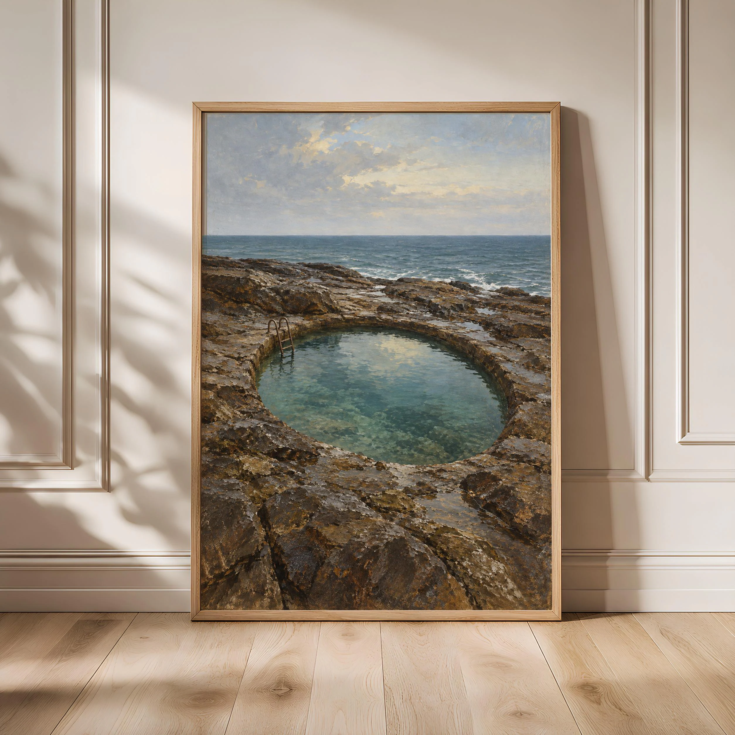 Cold Water Rock Pool Print, Moody Grey Coastal Oil Painting – Calm Wall Art by Artsify - Image 1