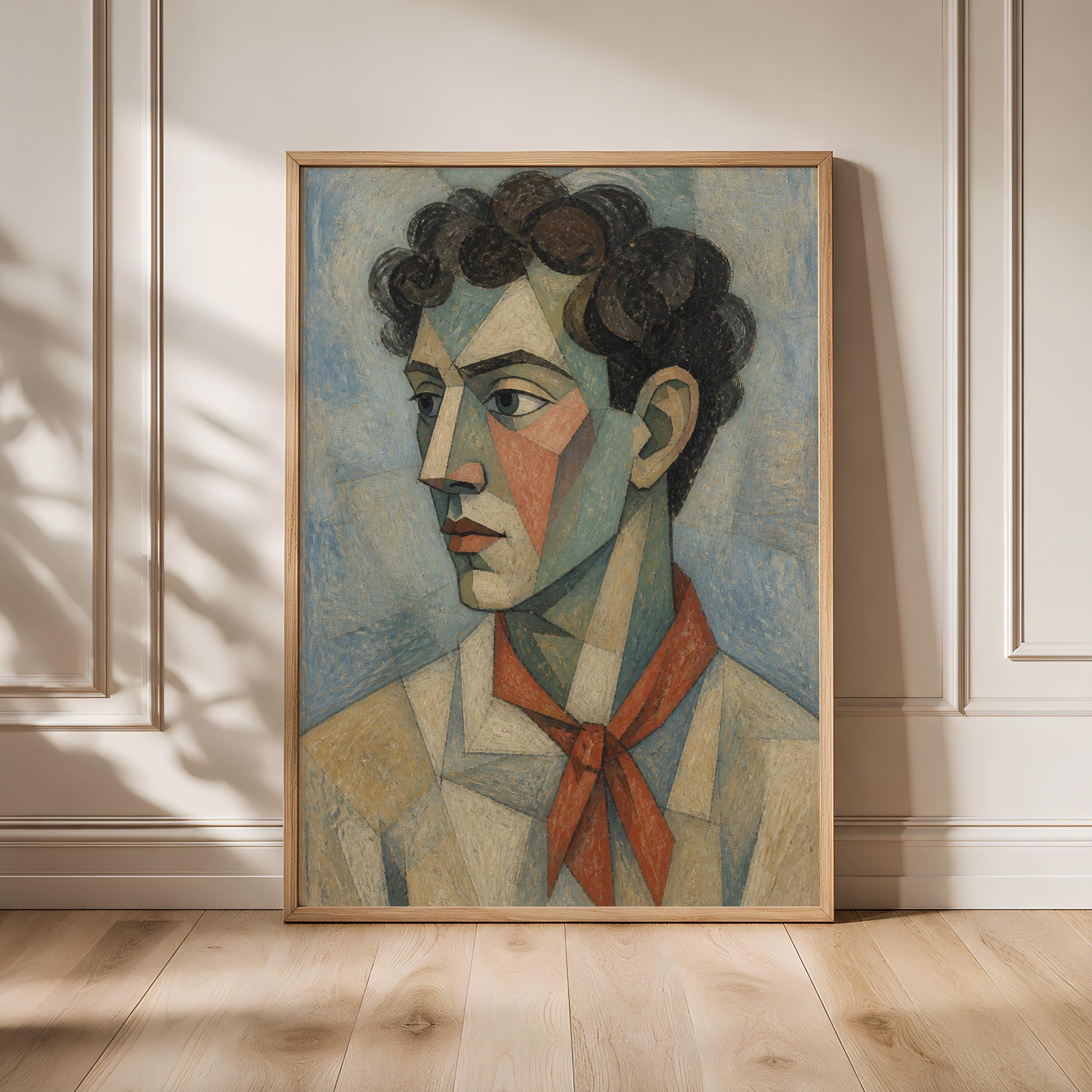 Vermilion Scarf Cubist Man Portrait, Sea Green Abstract Face Print, Modern Wall Art – Calm Wall Art by Artsify - Image 1