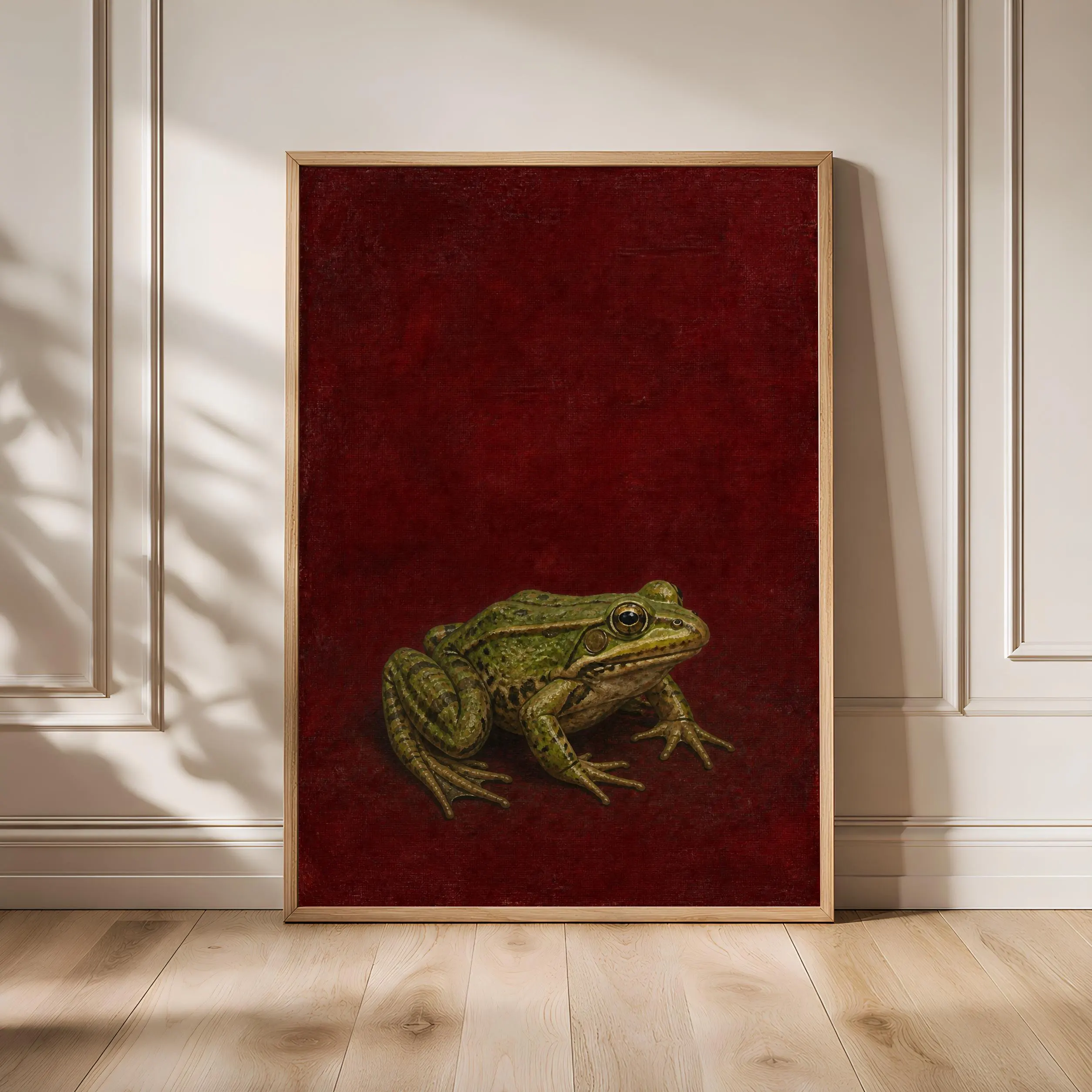 Frog Wall Art, Oxblood Jute Tempera Painting, Minimalist Animal Print, Housewarming Gift – Calm Wall Art by Artsify - Image 1