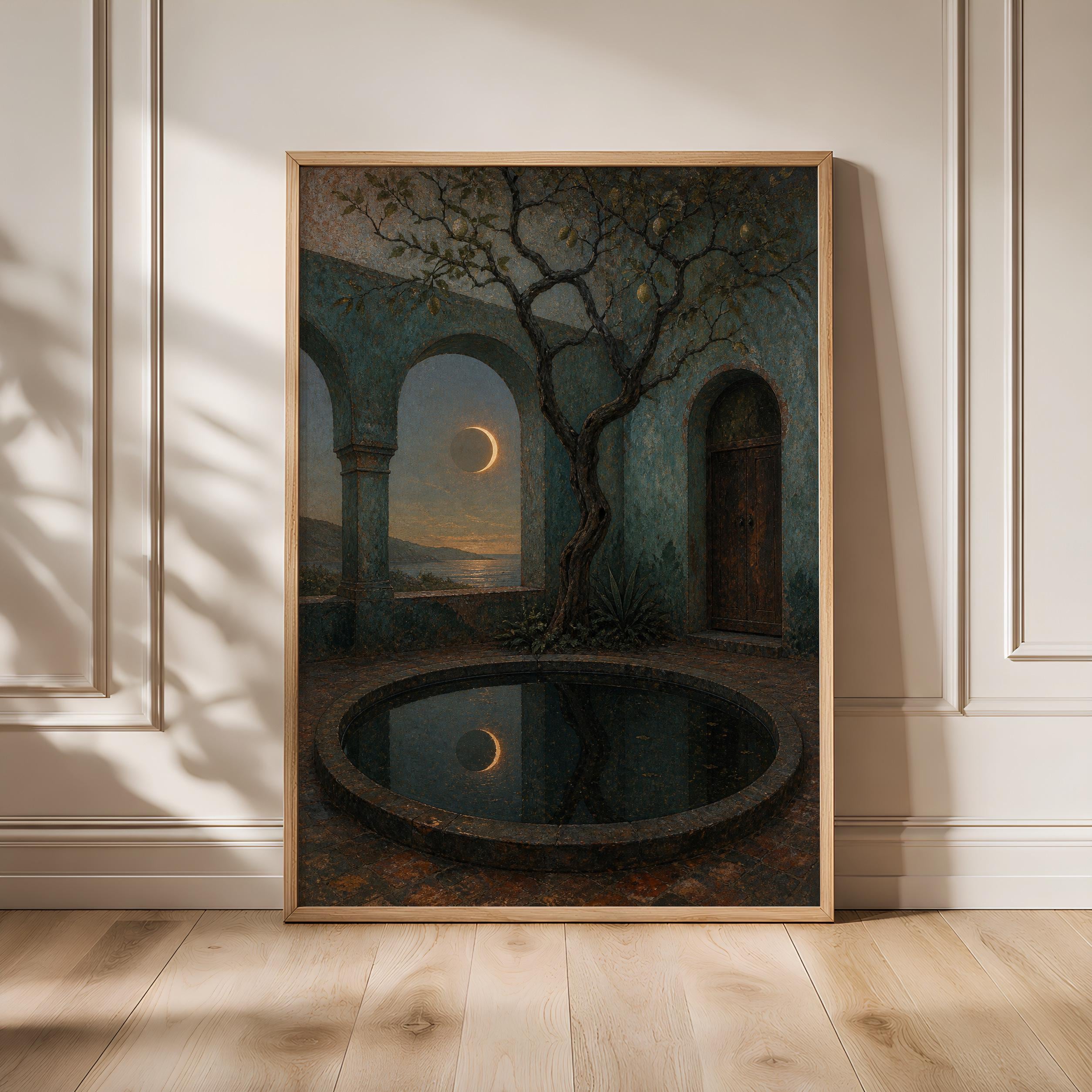 Eclipse Courtyard Wall Art, Vintage Celestial Painting, Teal Mediterranean Print, Housewarming Gift – Calm Wall Art by Artsify - Image 1