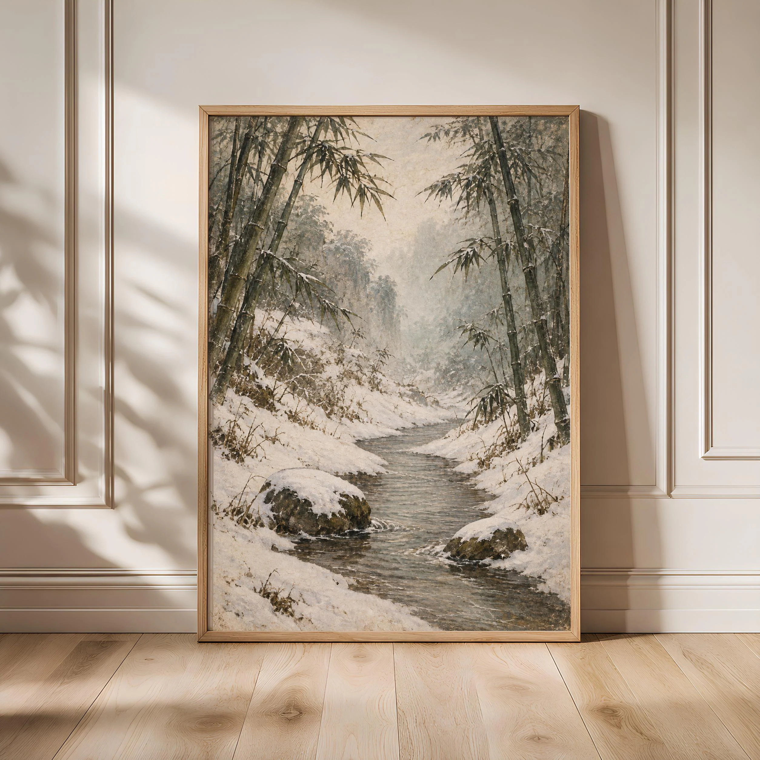 Snowy Bamboo Ravine Wall Art, Japanese Winter Landscape Painting, Japandi Bedroom Decor – Calm Wall Art by Artsify - Image 1