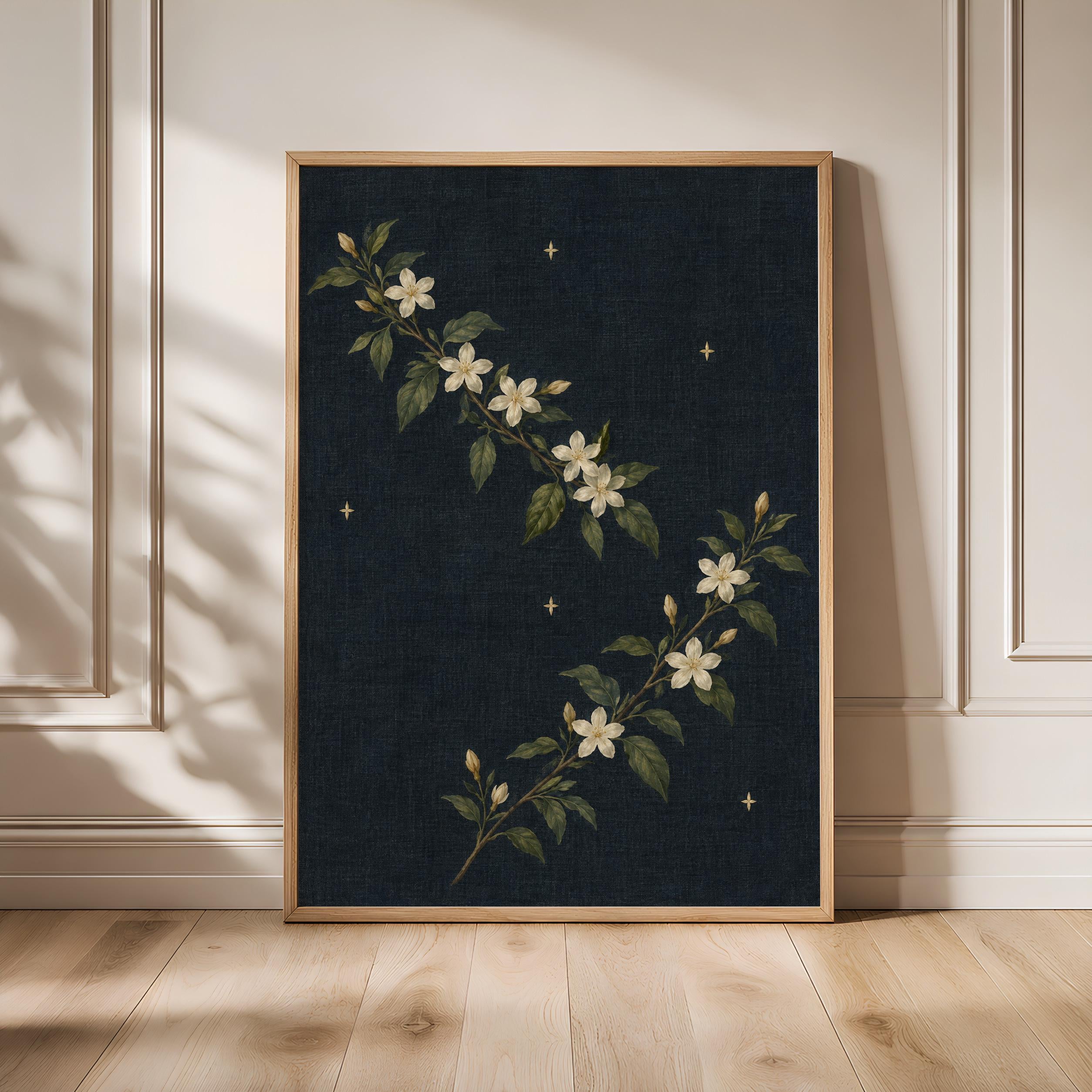 Night Jasmine Wall Art, Dark Blue Arts and Crafts Floral Painting – Calm Wall Art by Artsify - Image 1