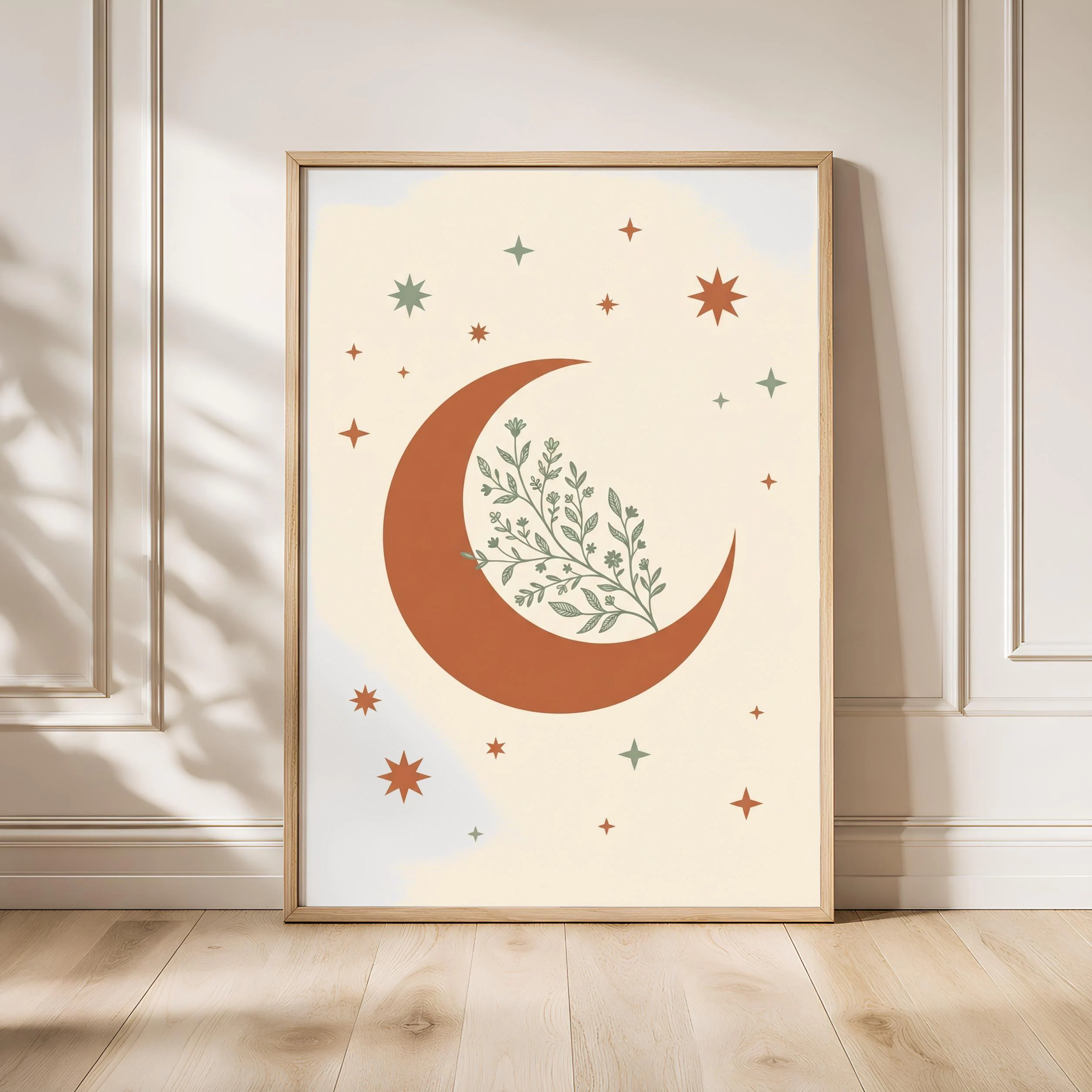 Botanical Crescent Moon Print, Celestial Boho Wall Art, Sage Terracotta Poster, Nursery Decor, Housewarming Gift – Calm Wall Art by Artsify - Image 1