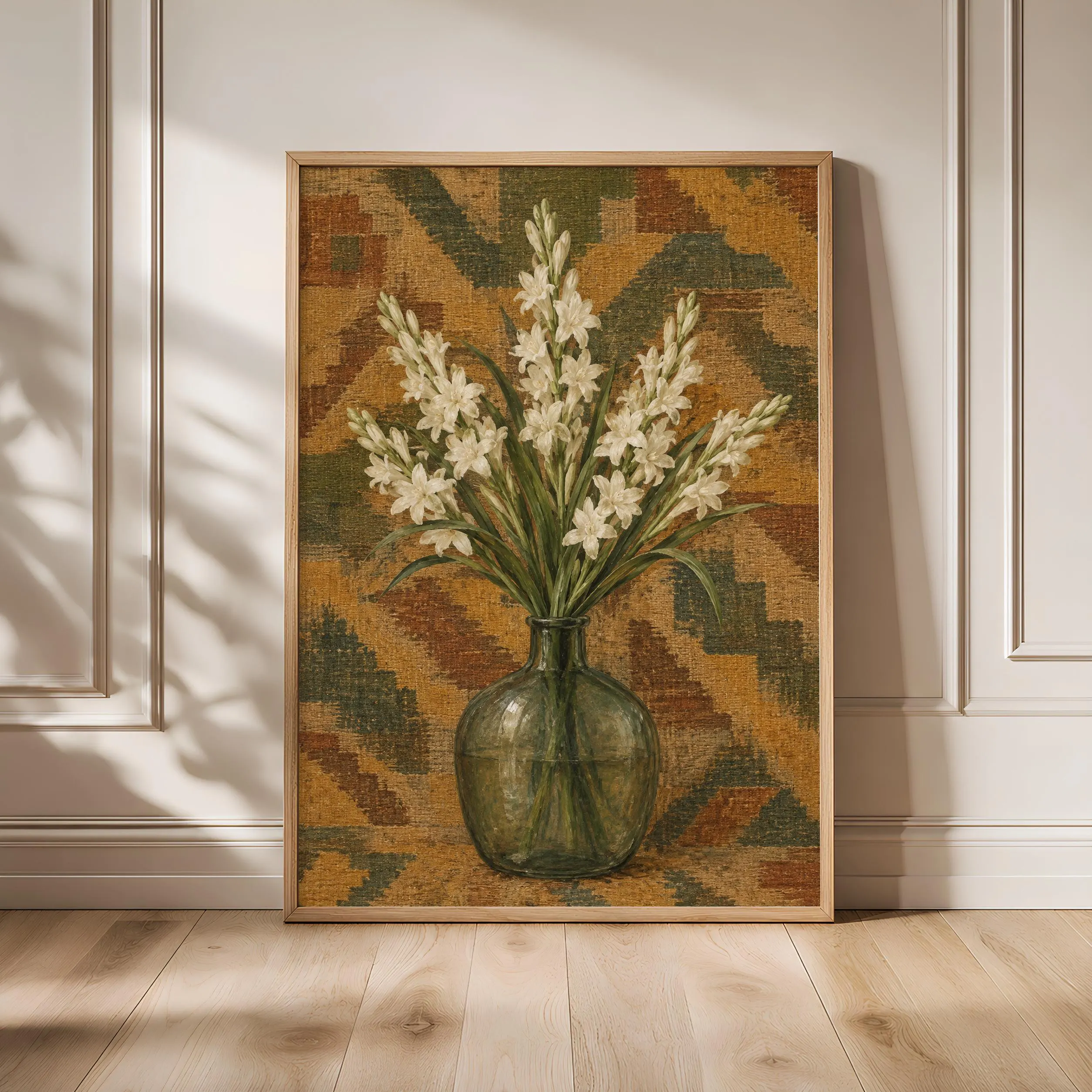 White Tuberose Wall Art, Antique Kilim Botanical Painting – Calm Wall Art by Artsify - Image 1
