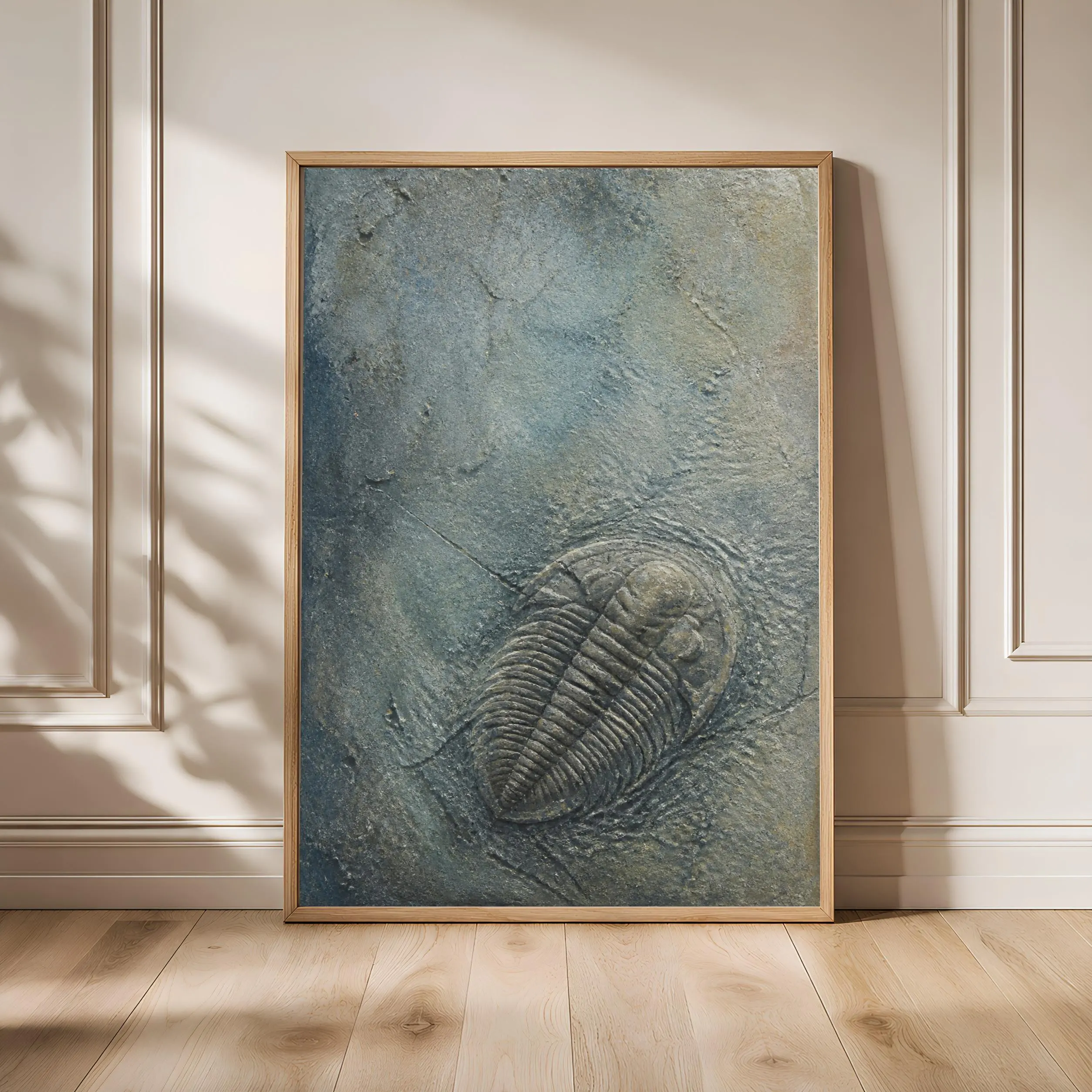 Trilobite Fossil Print, Blue Limestone Encaustic Wall Art, Mineral Relief Poster, Housewarming Gift – Calm Wall Art by Artsify - Image 1