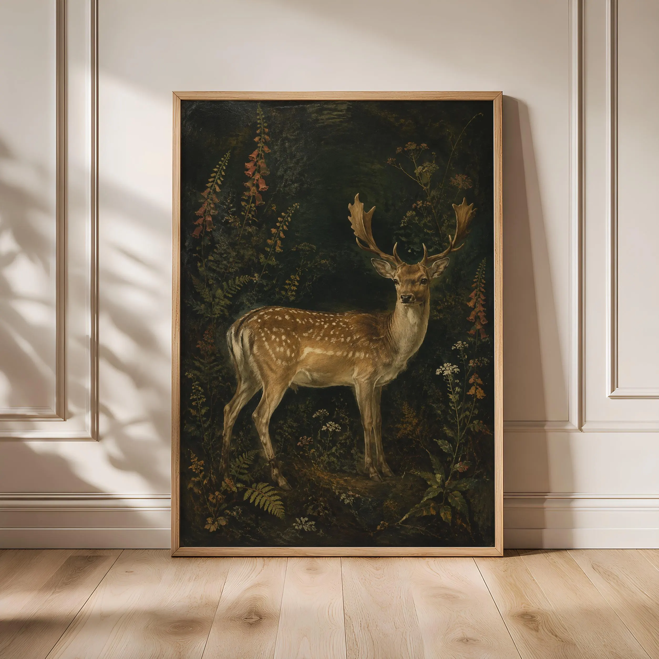 Fallow Deer Wall Art, Dark Botanical Oil Painting – Calm Wall Art by Artsify - Image 1