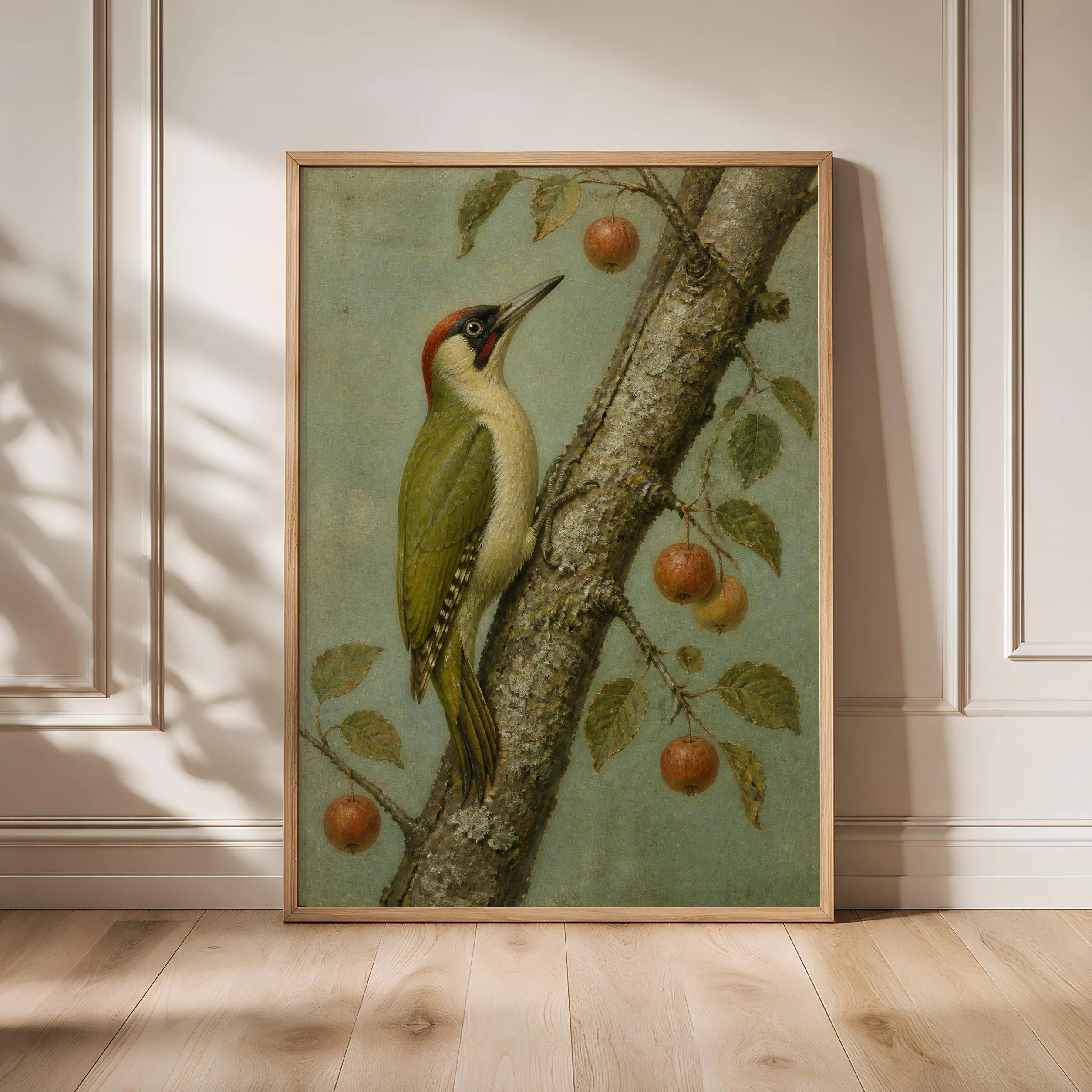 Green Woodpecker Wall Art, Arts and Crafts Bird Oil Painting, Crabapple Botanical Decor – Calm Wall Art by Artsify - Image 1