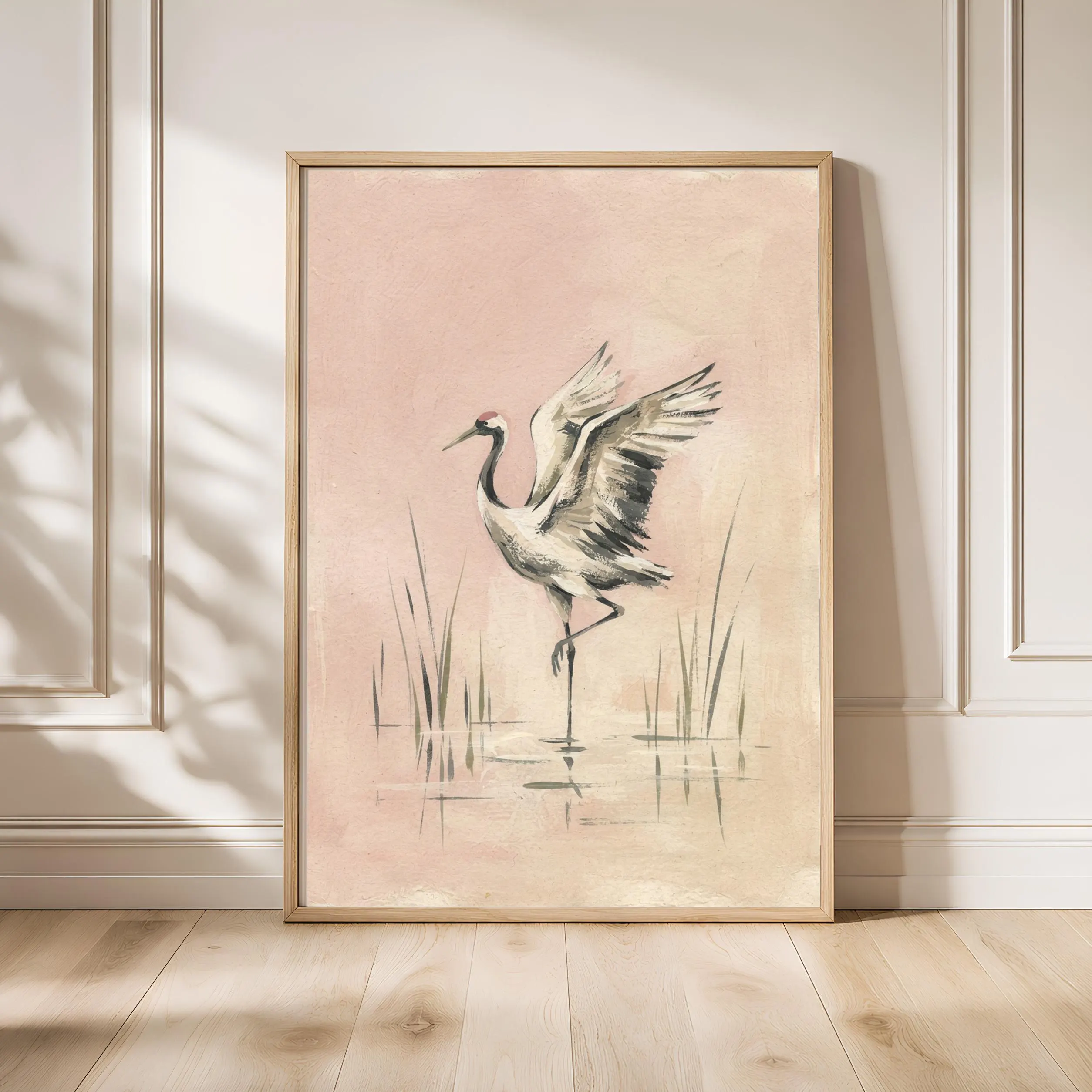Crane Wall Art, Blush Pink Minimalist Wildlife Painting, Vintage Wetland Print, Housewarming Gift – Calm Wall Art by Artsify - Image 1