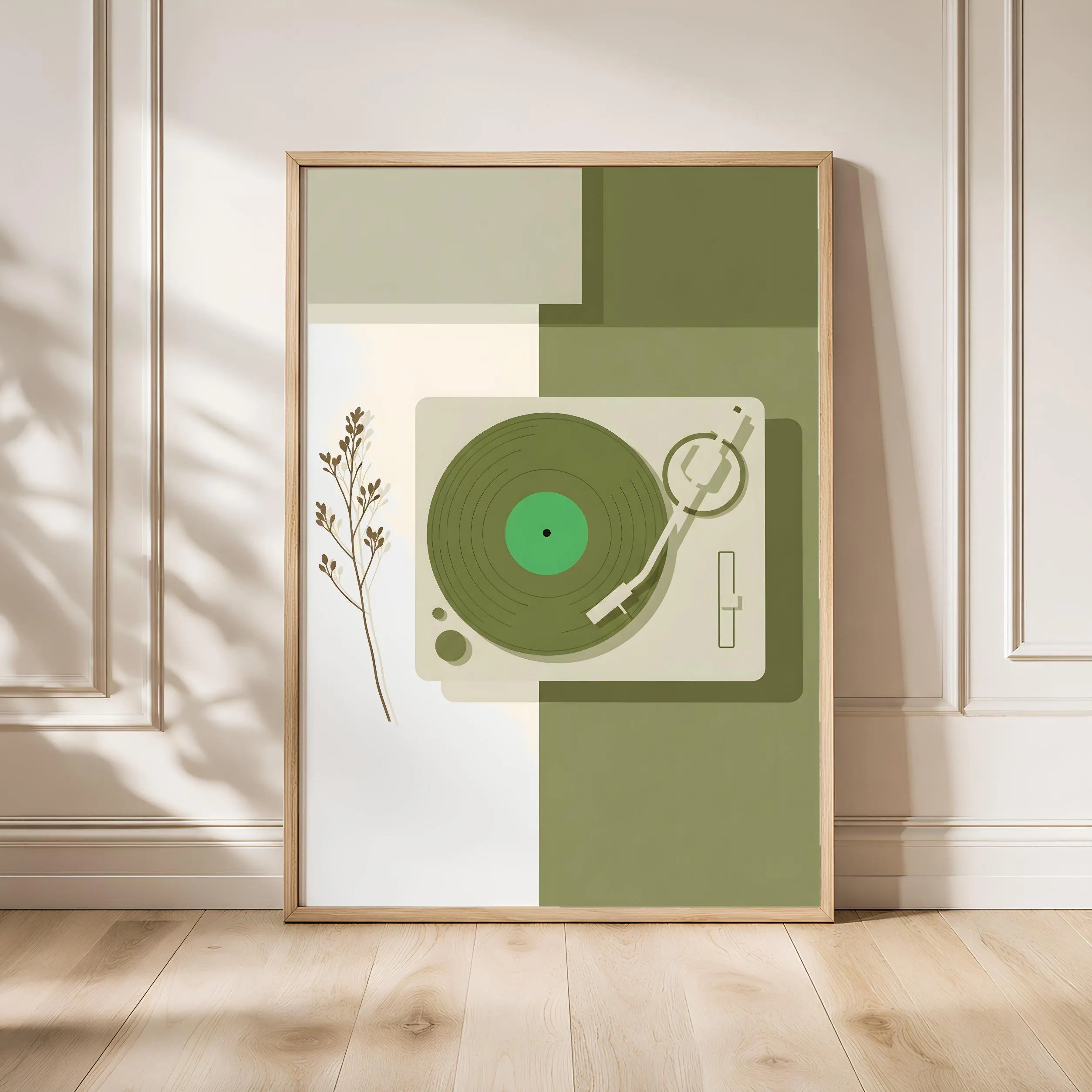 Vintage Turntable Print, Japandi Botanical Vinyl Poster, Green Record Wall Art, Living Room Decor, Housewarming Gift – Calm Wall Art by Artsify - Image 1