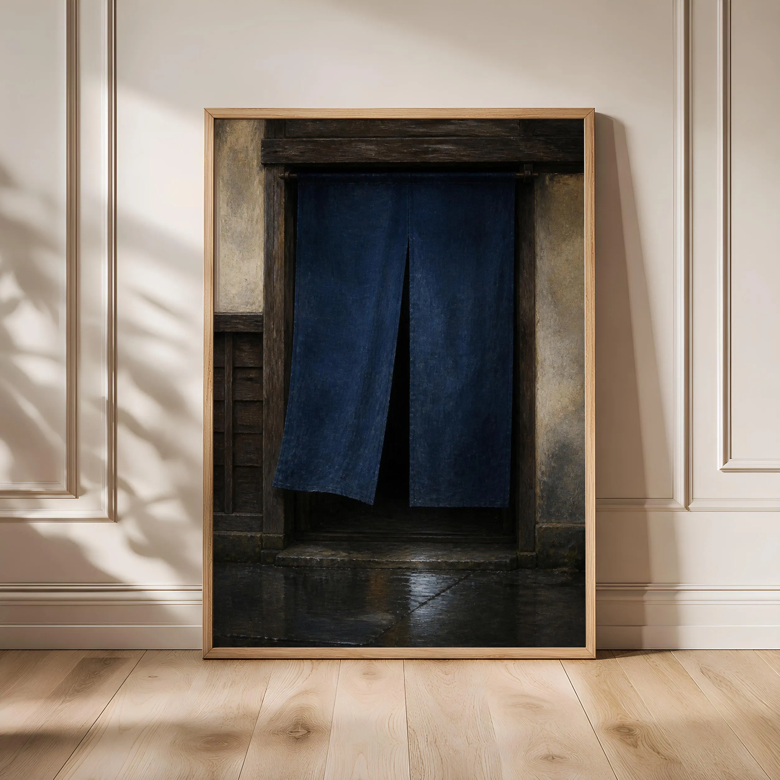 Noren Curtain Wall Art, Japanese Doorway Painting, Moody Indigo Rain Decor Print – Calm Wall Art by Artsify - Image 1