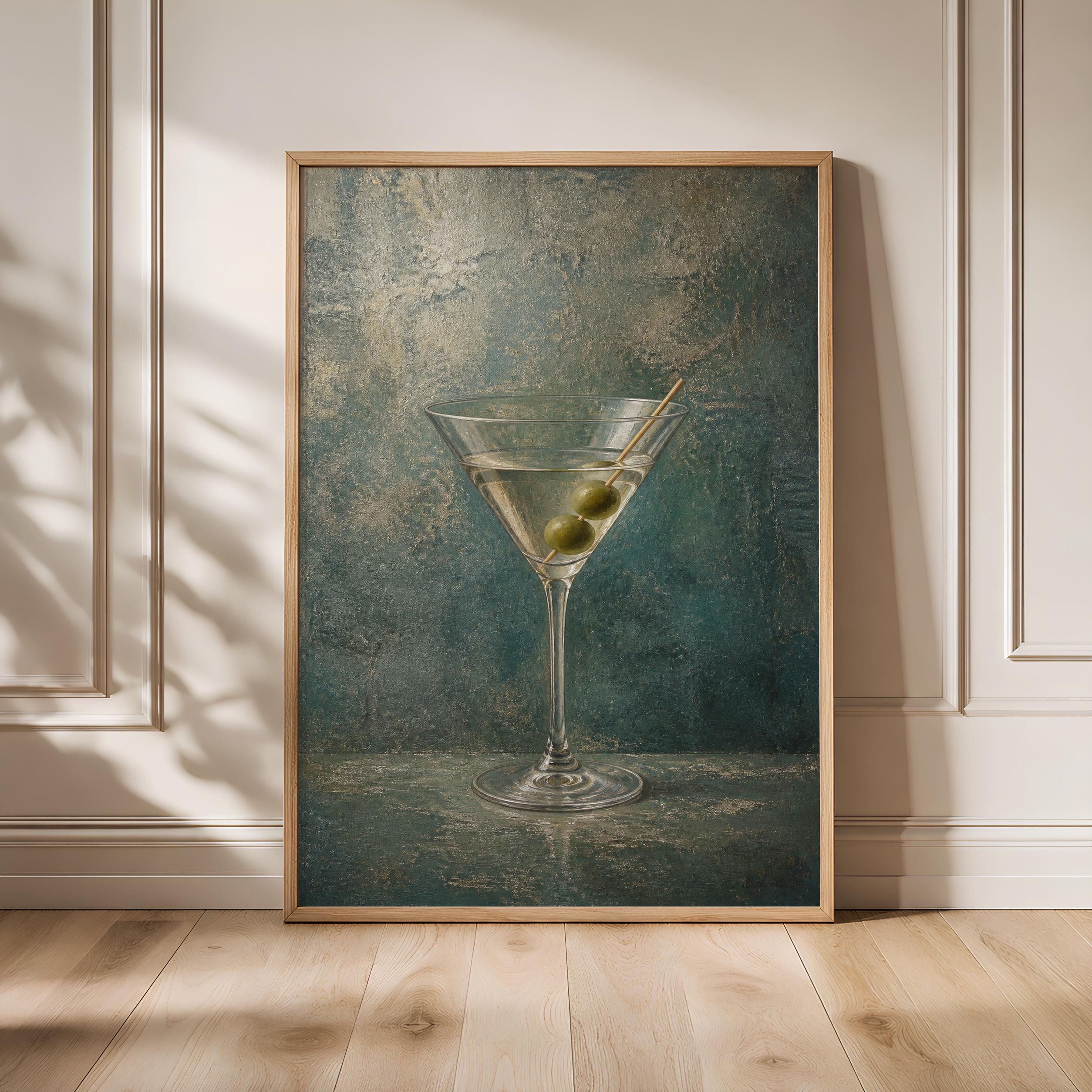 Dry Martini Print, Oxidized Teal Barware Wall Art, Vintage Cocktail Poster, Housewarming Gift – Calm Wall Art by Artsify - Image 1