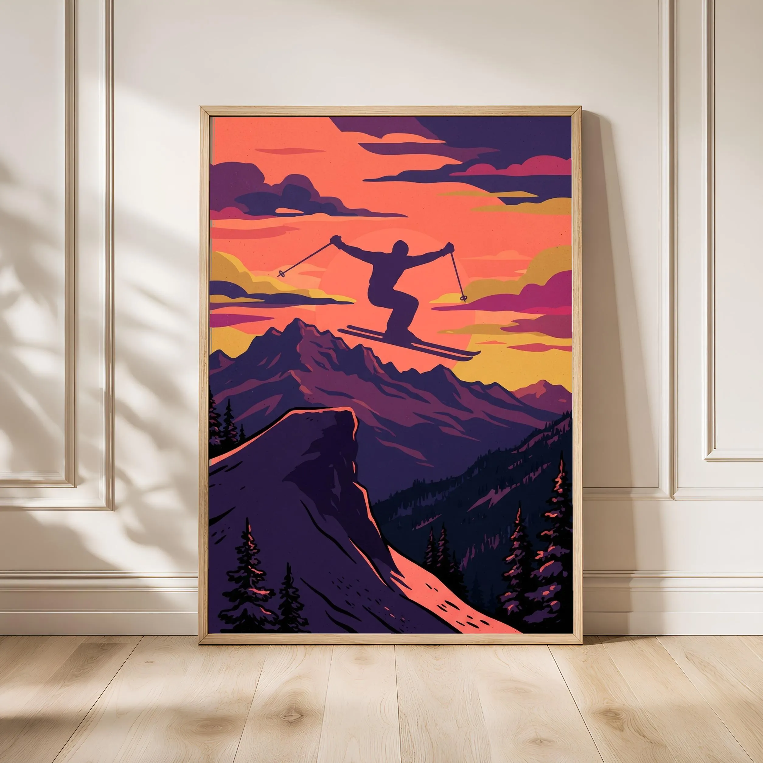 Ski Jump Print, Alpine WPA Travel Poster, Coral Purple Wall Art, Bedroom Decor, Housewarming Gift – Calm Wall Art by Artsify - Image 1
