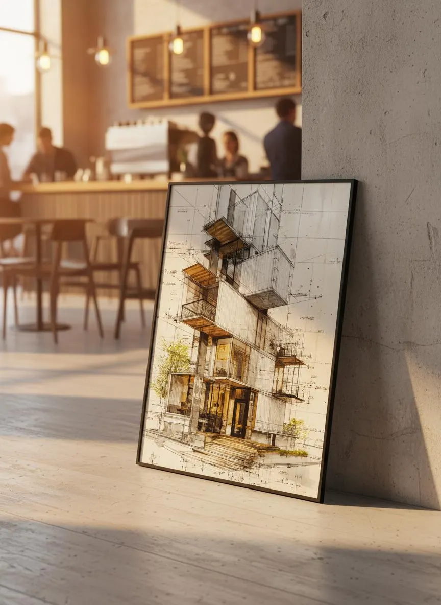 Modern Architecture Print, Contemporary Building Sketch, Modern Wall Art, Minimalist Office Decor – Calm Wall Art by Artsify - Image 1