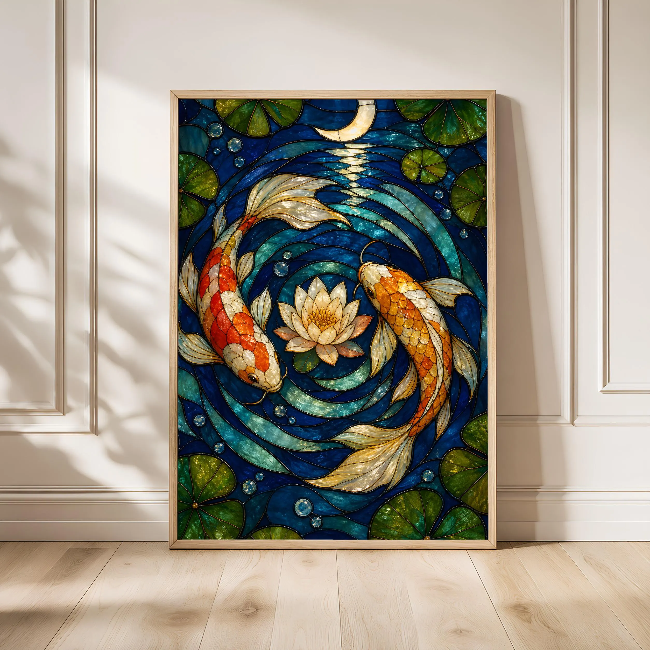Koi Fish Stained Glass Print, Japanese Pond Wall Art, Moonlit Water Lily Poster, Zen Decor Gift, Housewarming Gift – Calm Wall Art by Artsify - Image 1
