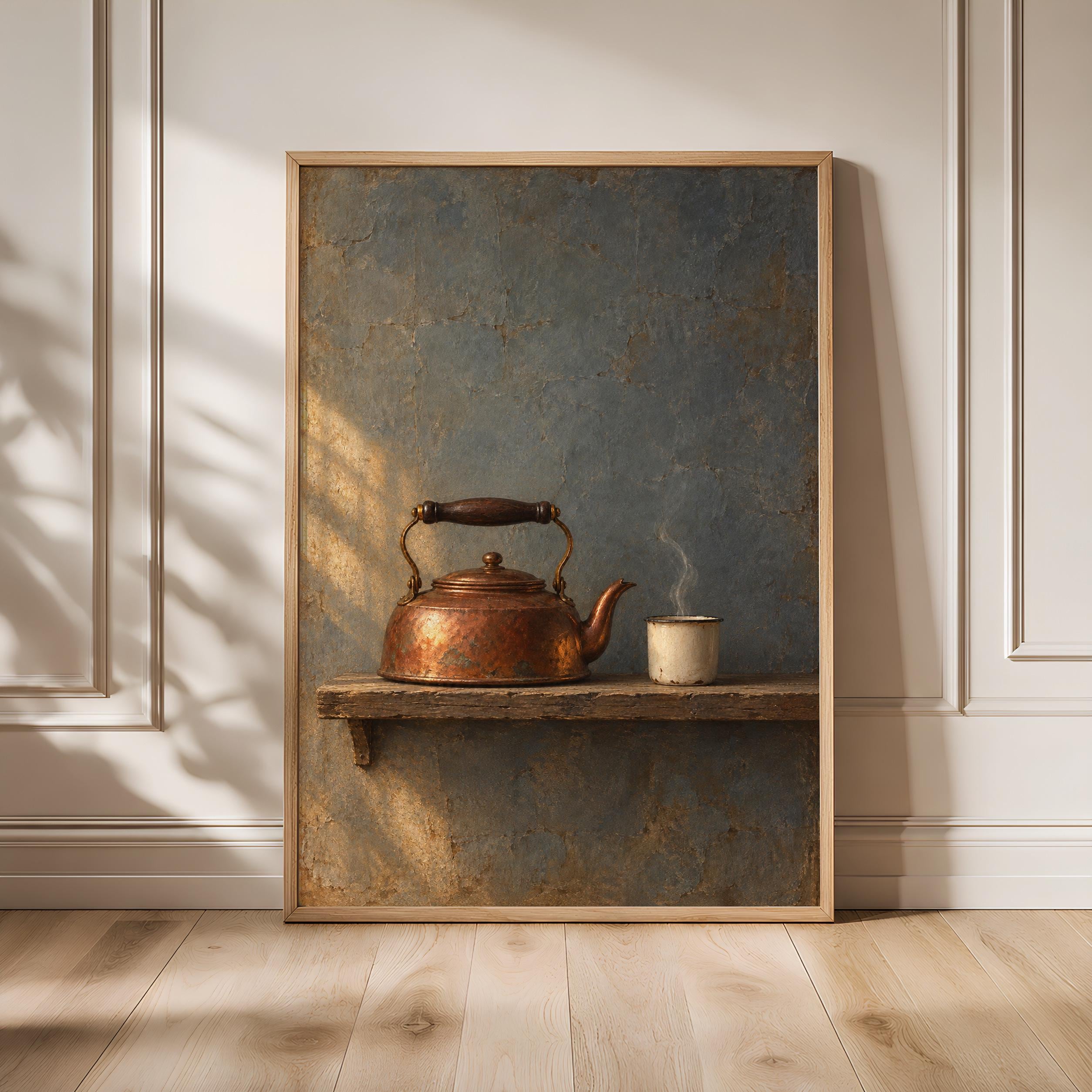 Copper Kettle Still Life Print, Moody Chiaroscuro Kitchen Painting – Calm Wall Art by Artsify - Image 1