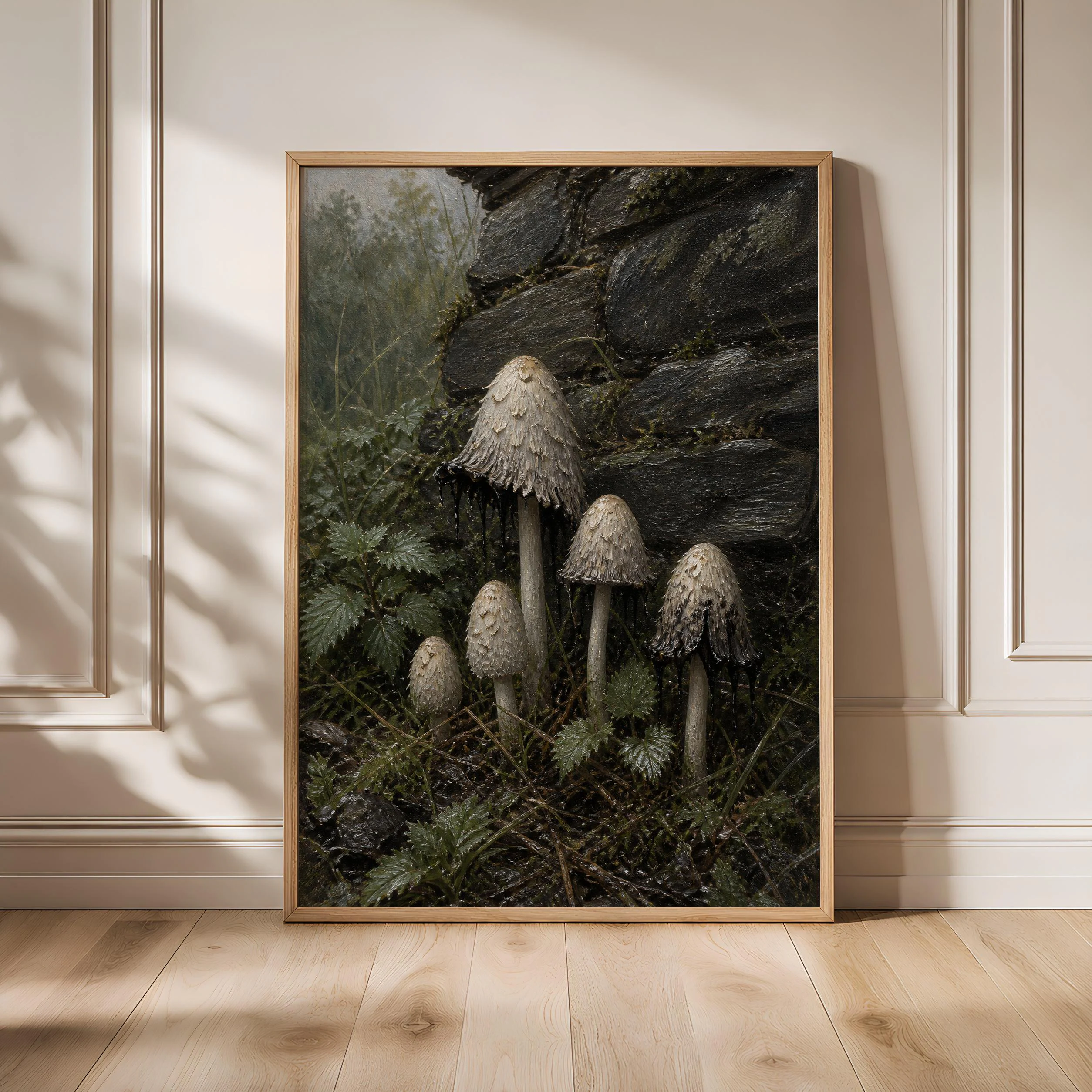 Inkcap Mushroom Wall Art, Moody Cottagecore Oil Painting, Slate Garden Print, Housewarming Gift – Calm Wall Art by Artsify - Image 1