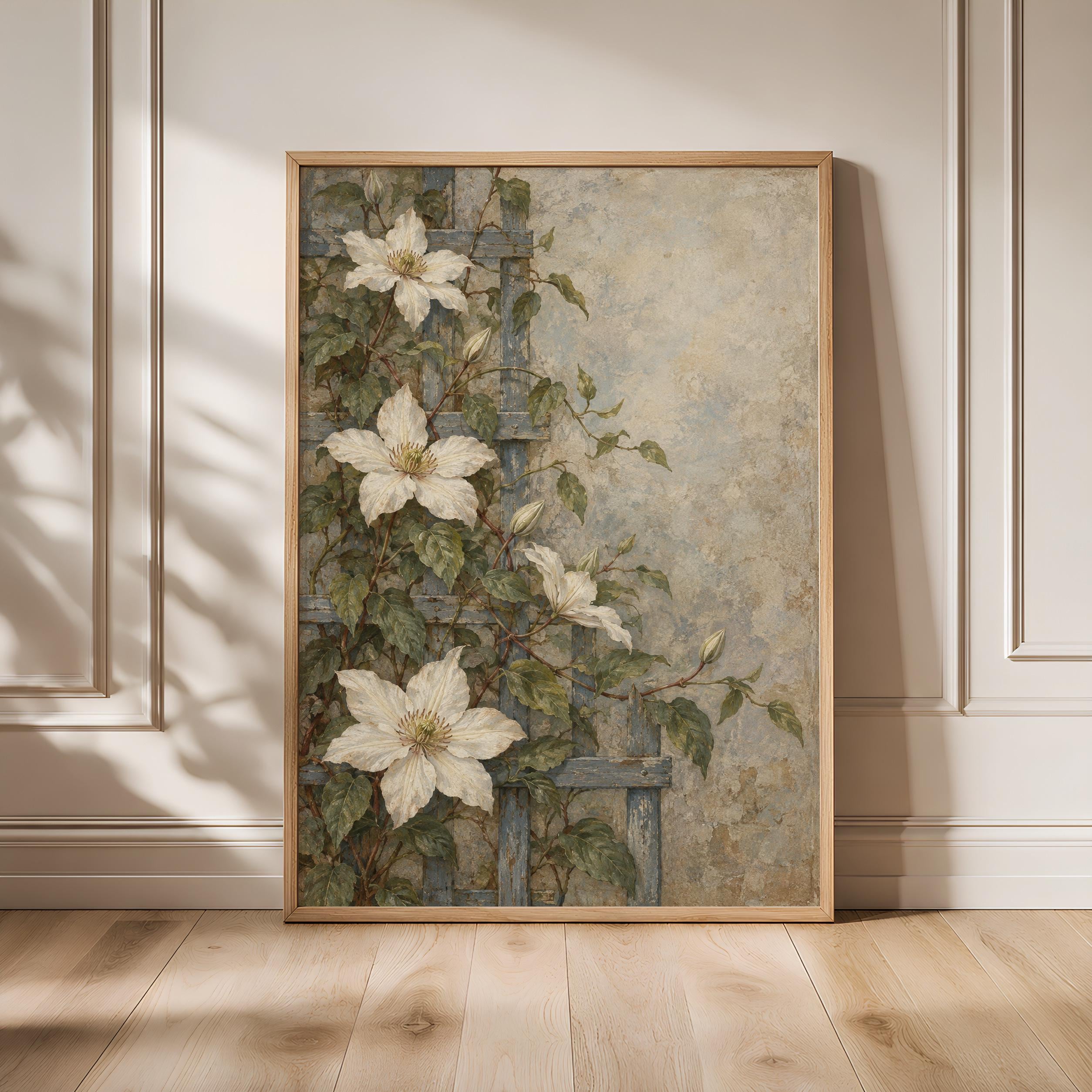 White Clematis Wall Art, Arts and Crafts Floral Painting, Blue Sage Decor – Calm Wall Art by Artsify - Image 1